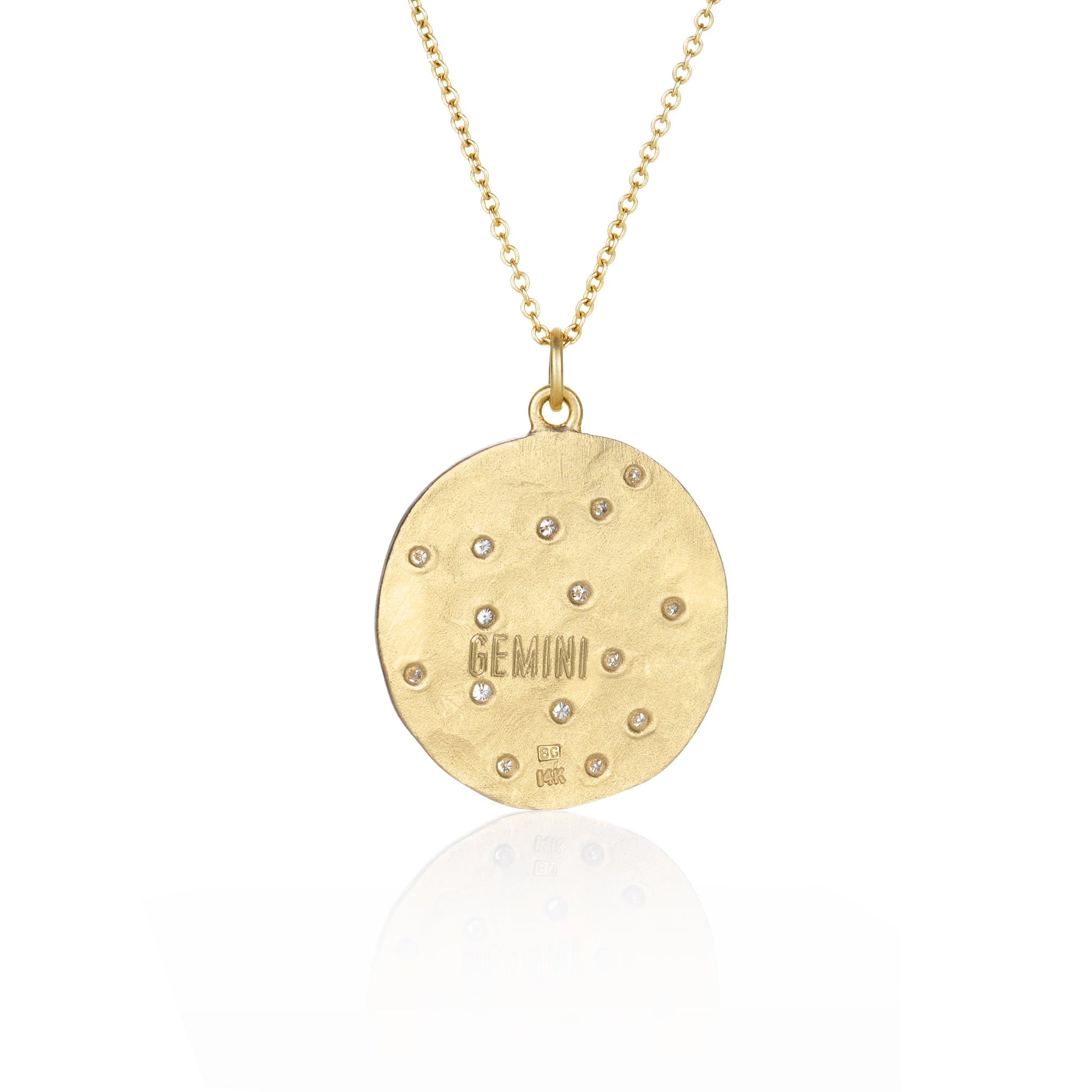 Hand made in Los Angeles Brooke Gregson 14k gold Gemini Astrology Necklace with Diamond  back view