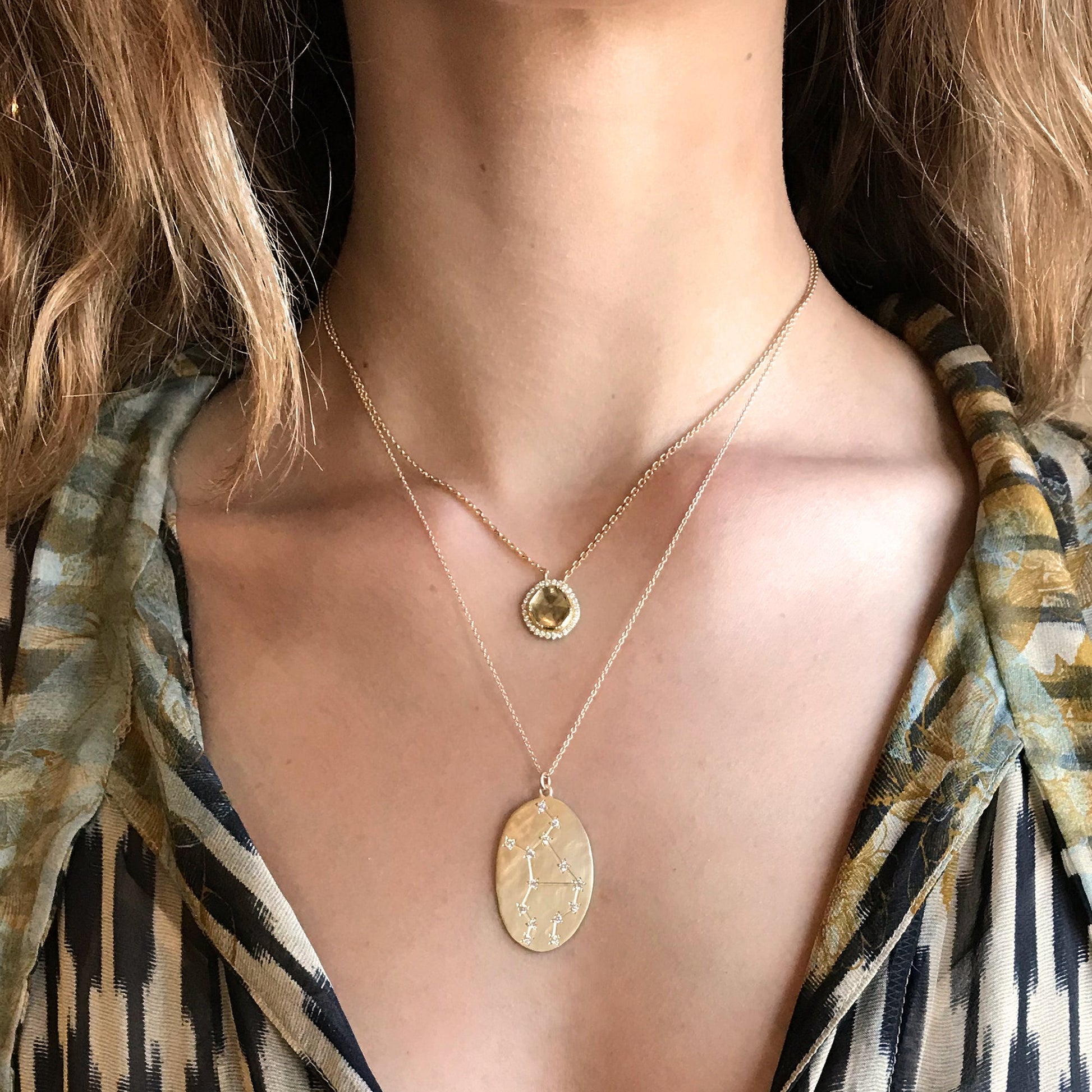 Model wearing Hand made in Los Angeles Brooke Gregson 14k gold Astrology Zodiac Virgo Diamond Star Sign Necklace
