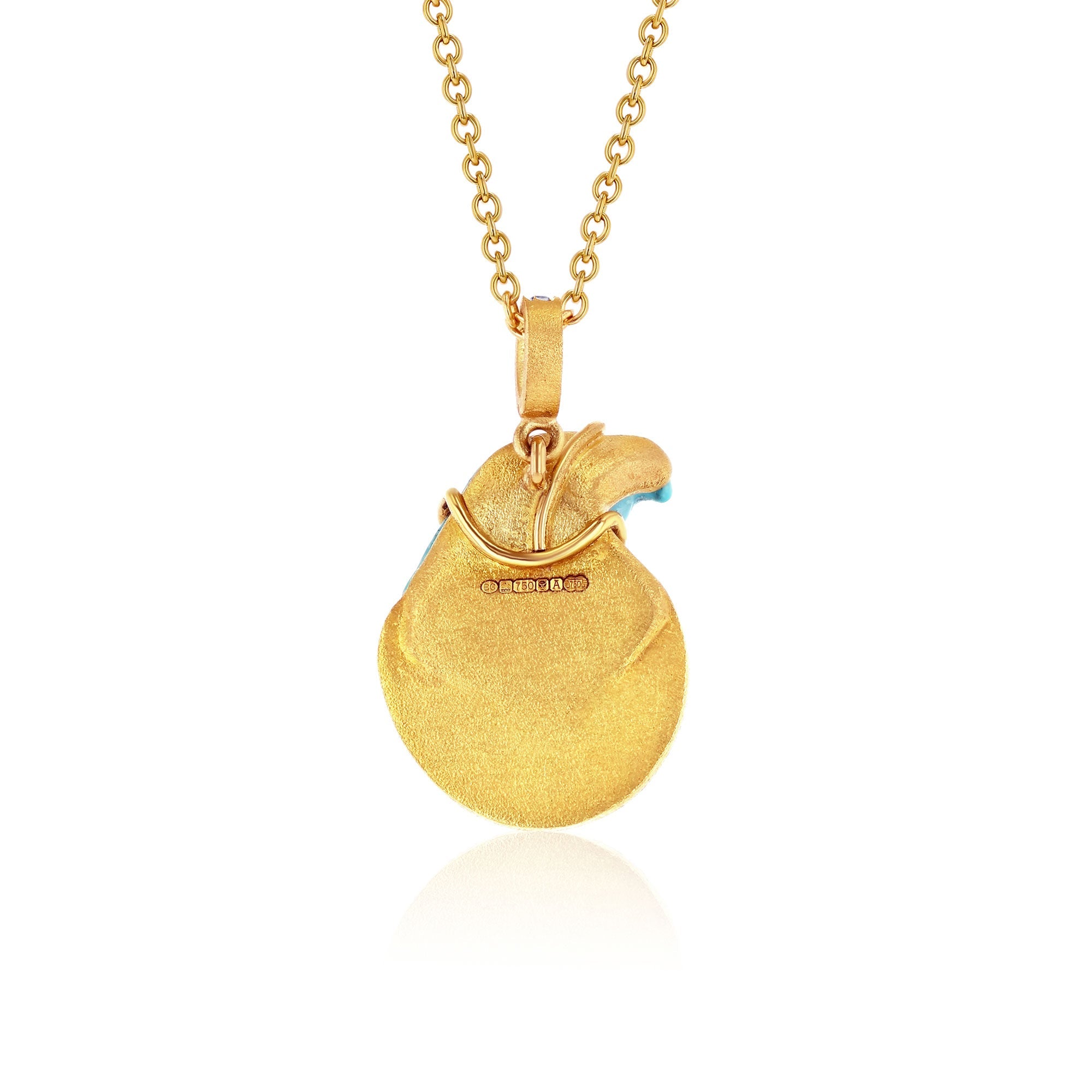 Back view one of a kind 18k gold necklace with hand engraved turquoise eagle, white diamond pave and hand engraving from Los Angeles jewelry designer Brooke Gregson