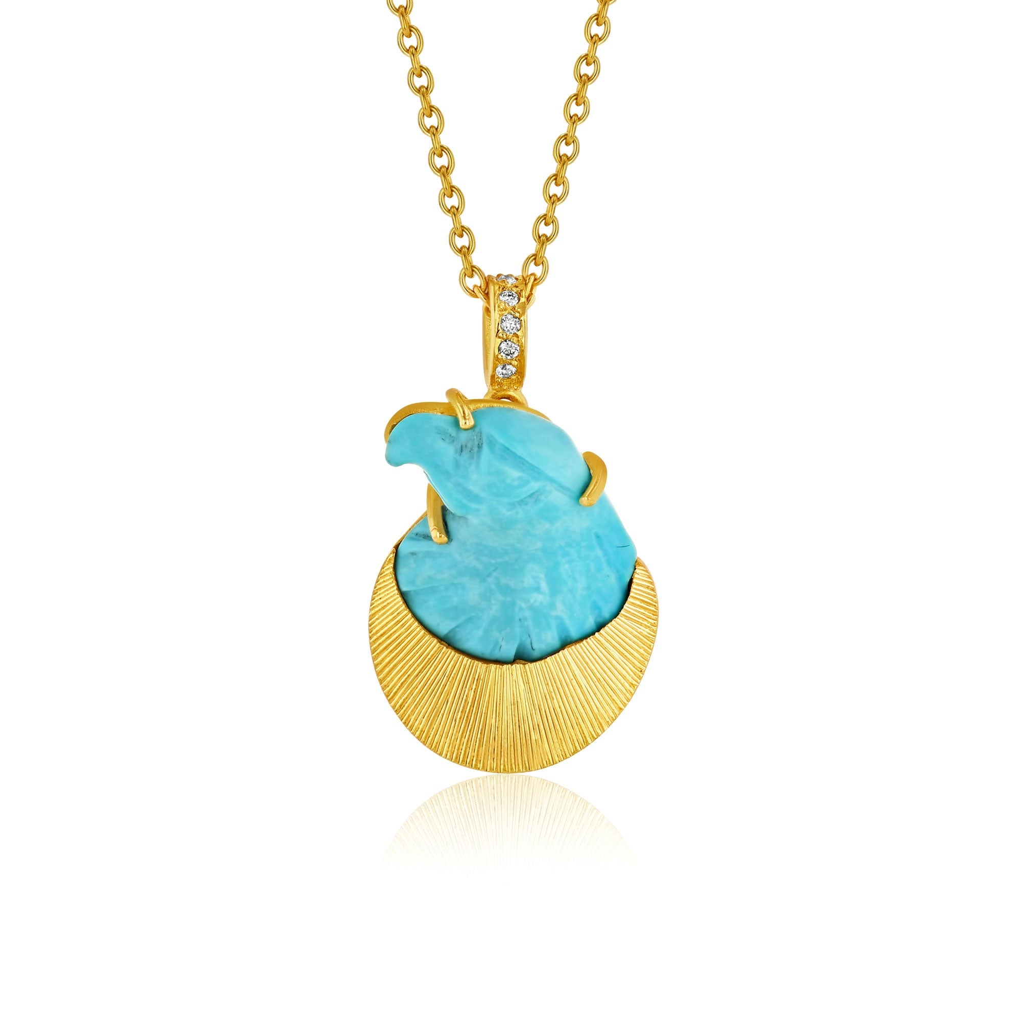 One of a kind 18k gold necklace with hand engraved turquoise eagle, white diamond pave and hand engraving from Los Angeles jewelry designer Brooke Gregson