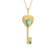 Opal Emerald Diamond Key Heart Necklace