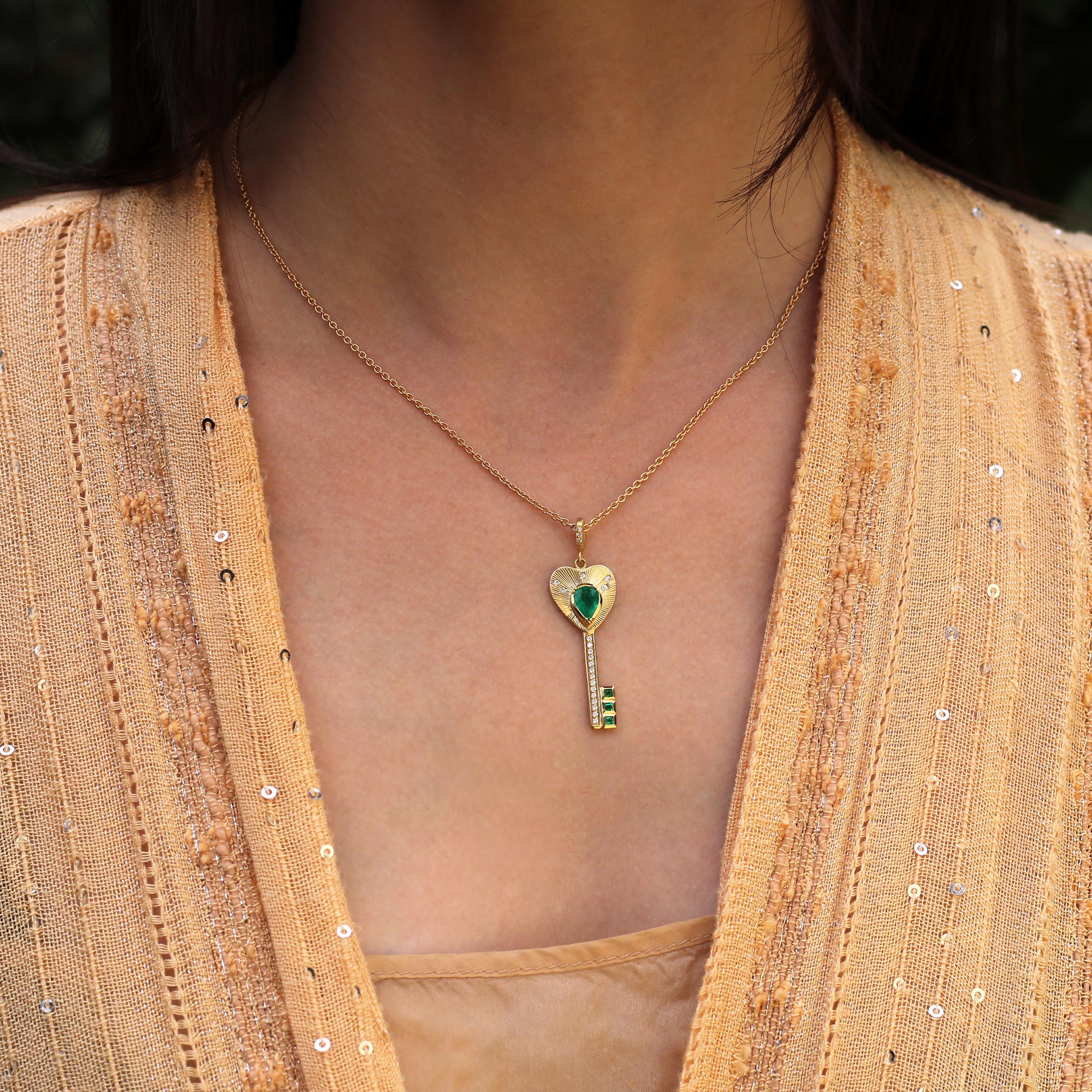 Emerald Diamond Key Heart Necklace