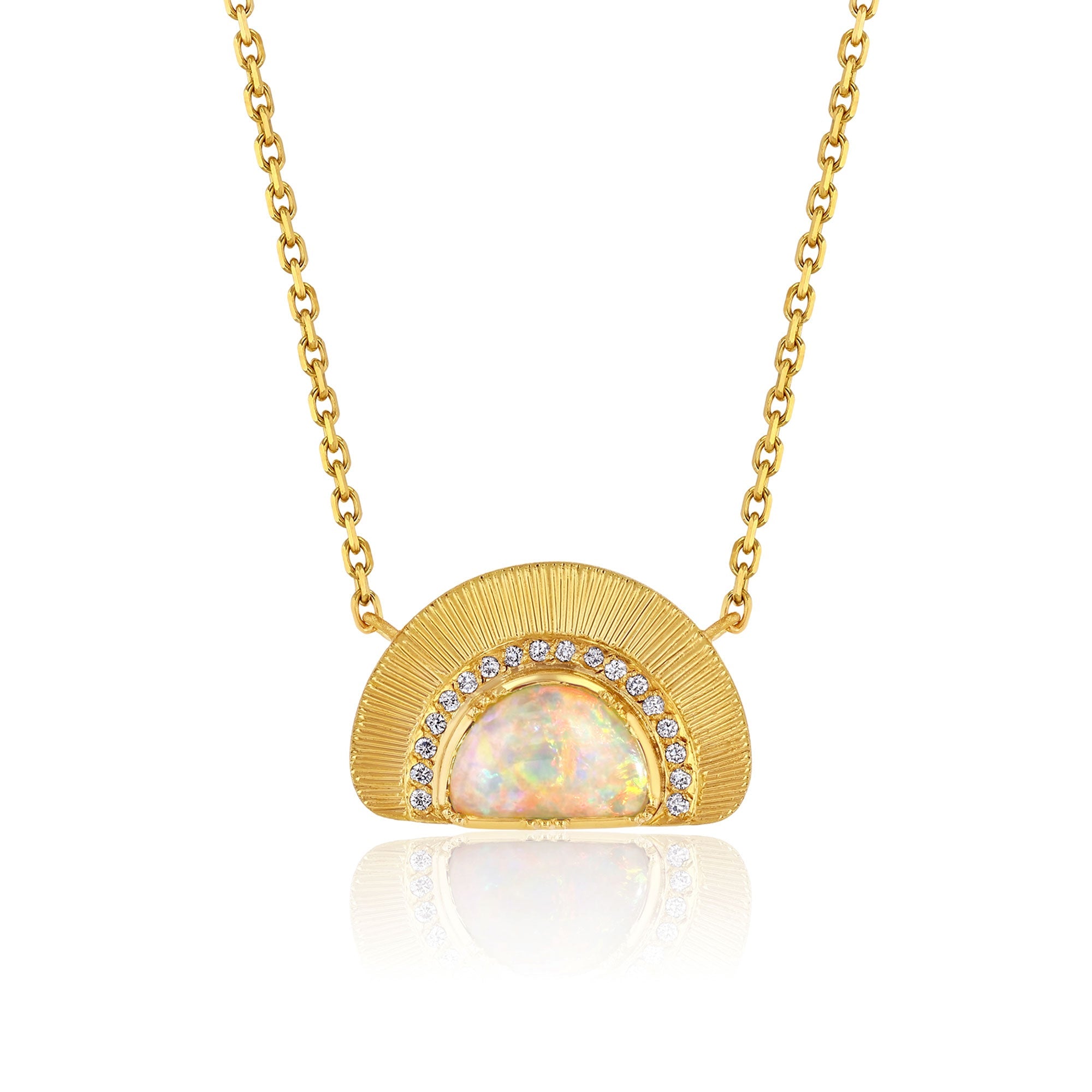One of a kind 18k gold necklace with an opal sun ray design, featuring hand engraving and white diamond pave from Los Angeles jewelry designer Brooke Gregson
