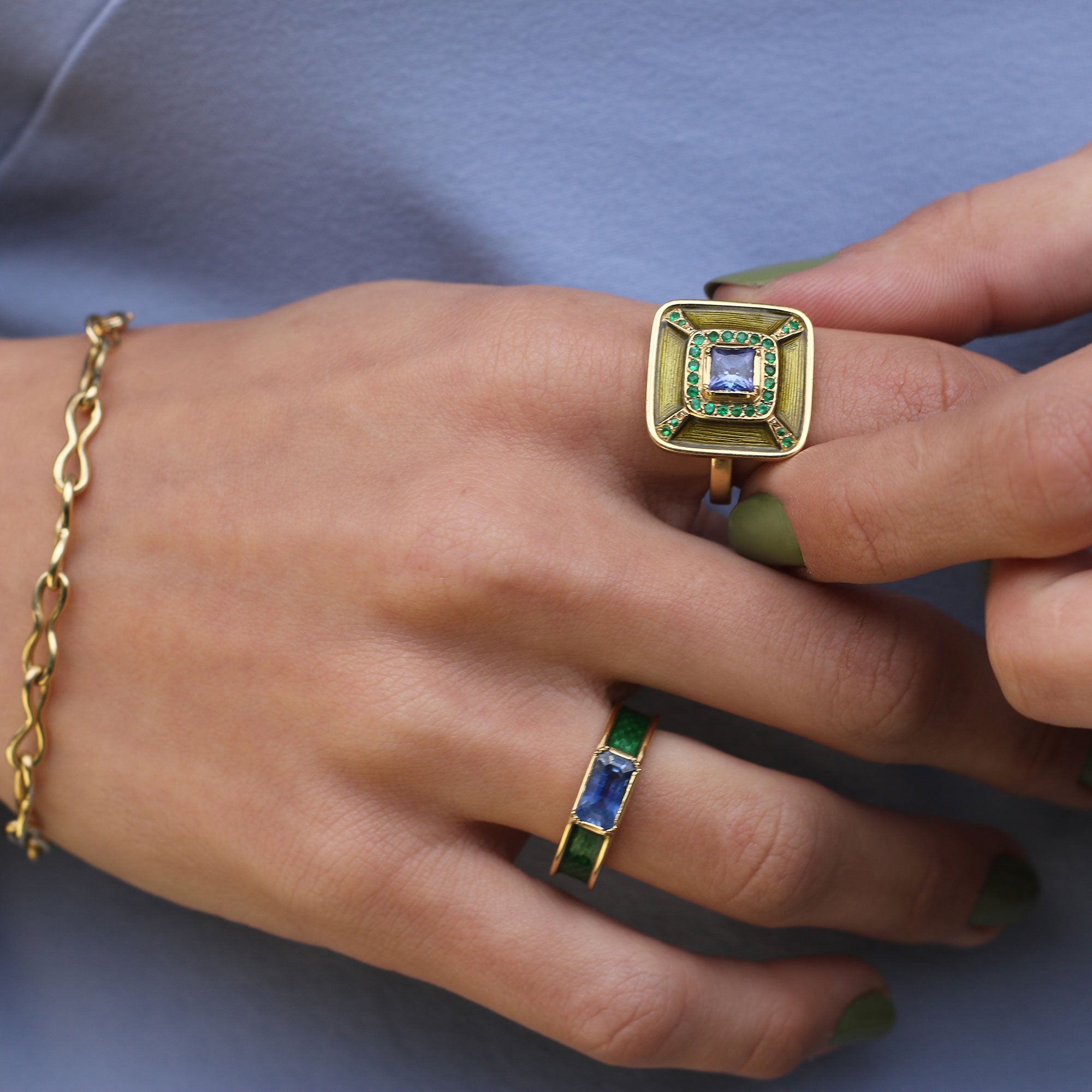Albers Enamel Tanzanite Emerald Ring