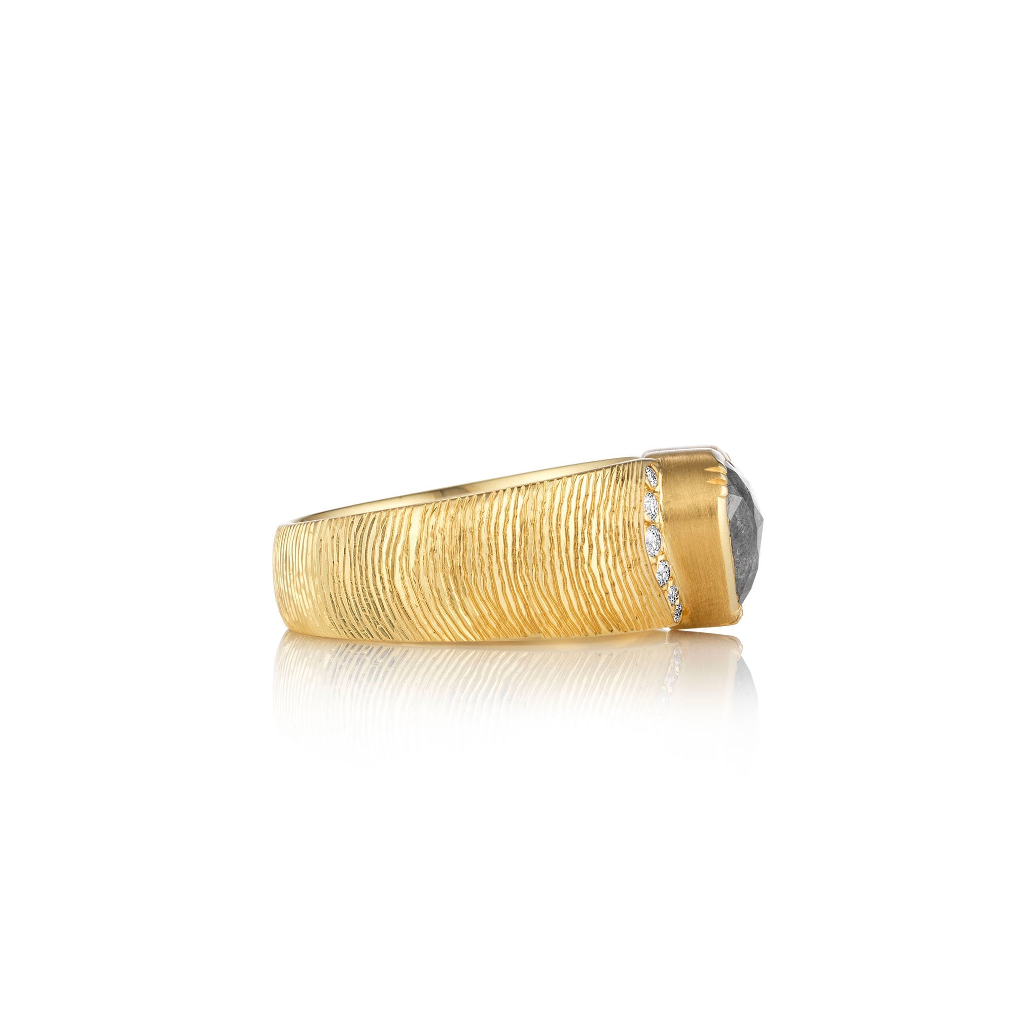 Side view one of a kind 18k gold heart-shaped diamond ring with diamond pave and hand engraved  band from Los Angeles designer Brooke Gregson