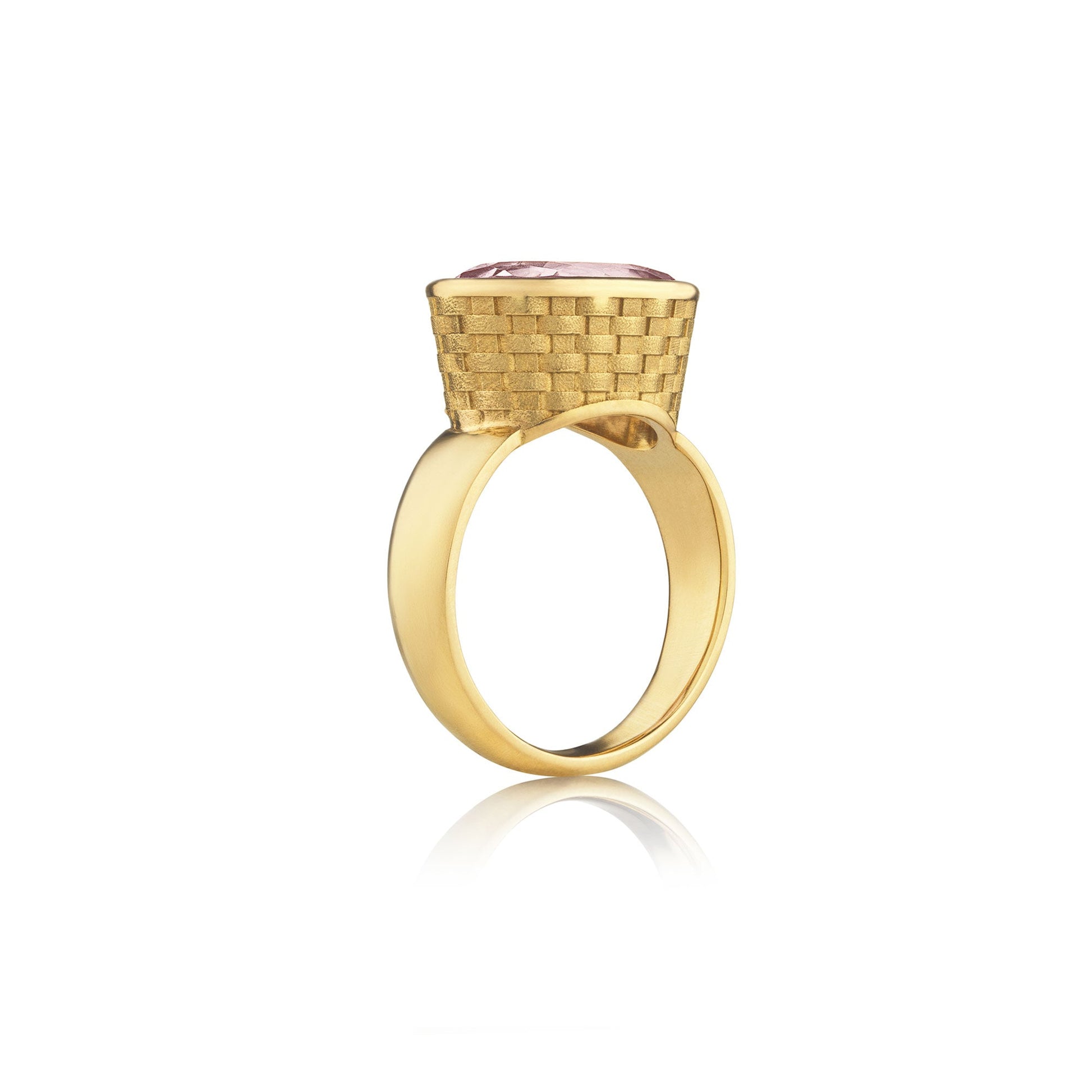 Side view one of a kind 18k gold kunzite ring with basket weave engraved setting and bushed gold band from Los Angeles jewelry designer Brooke Gregson
