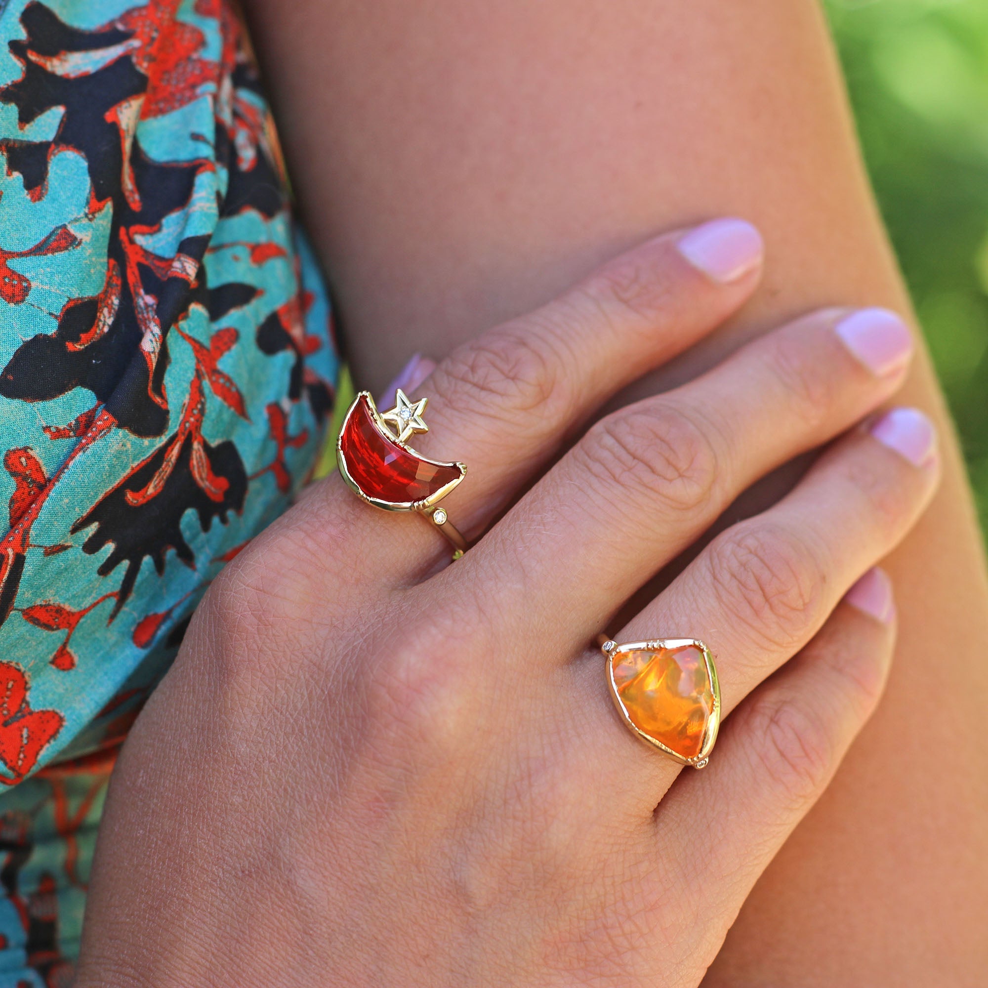 Crescent Moon Fire Opal Star Ring