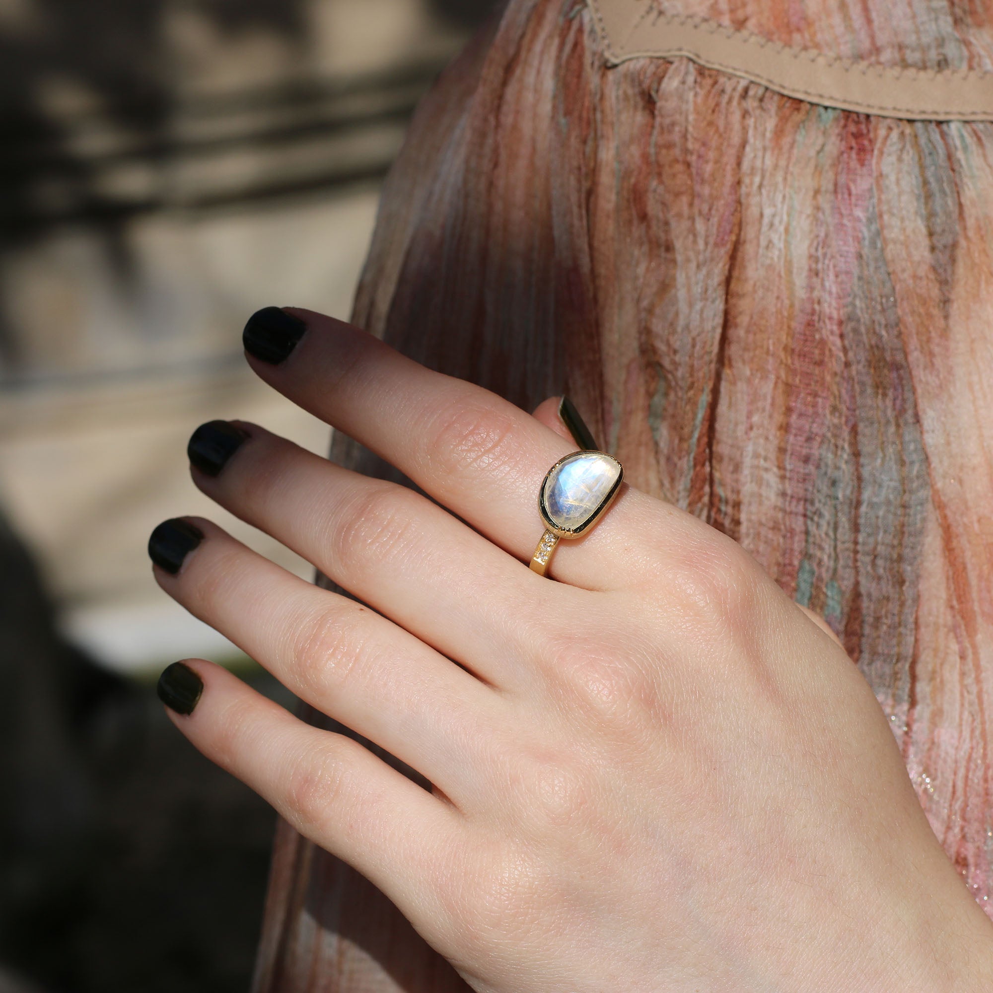 Half Moon Moonstone Diamond Band Ring