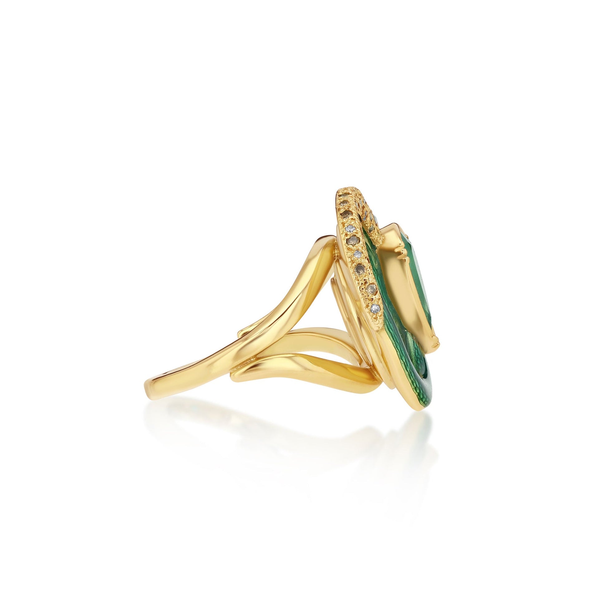 Model wearing One of a kind Enamel Emerald Snake Ring from Los Angeles jewelry designer Brooke Gregson handmade in London