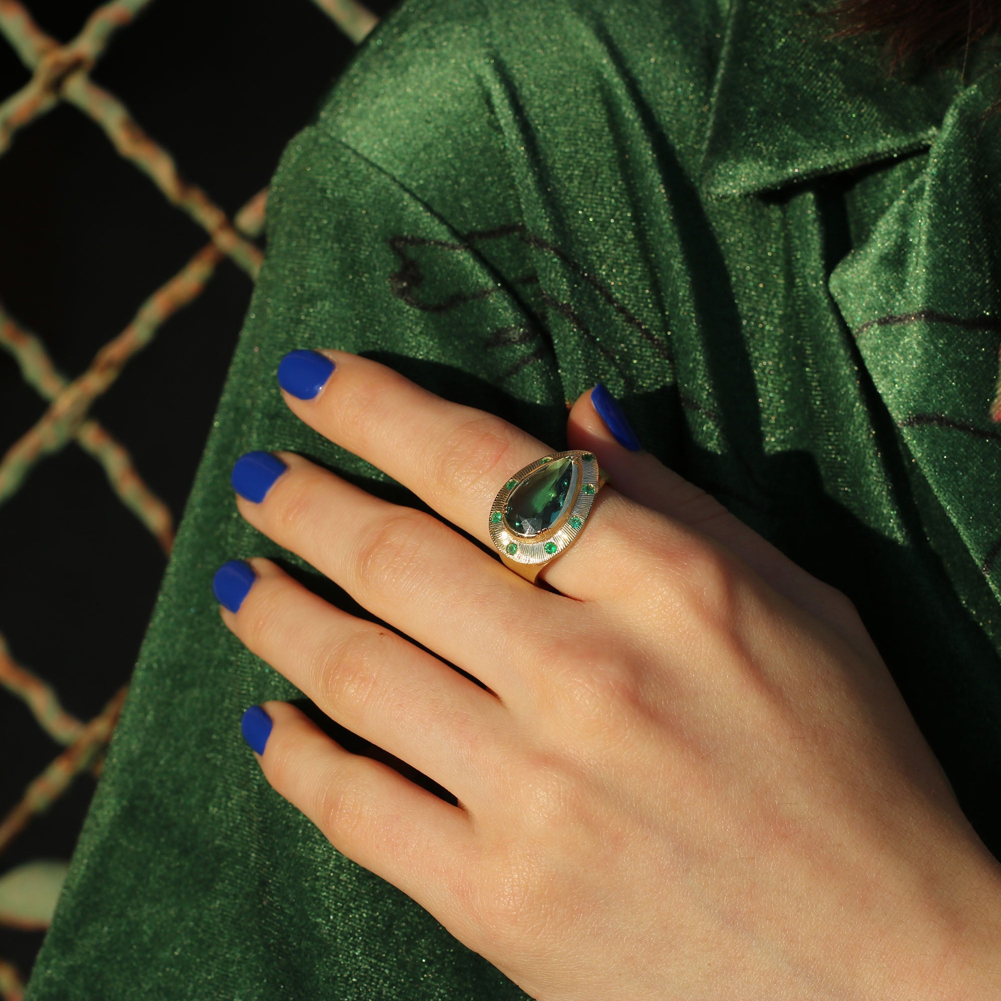 Indicolite Tourmaline Talisman Engraved Ring