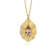 One of a kind 18k gold morganite necklace with hand engraving and white diamond pave from Los Angeles jewelry designer Brooke Gregson.