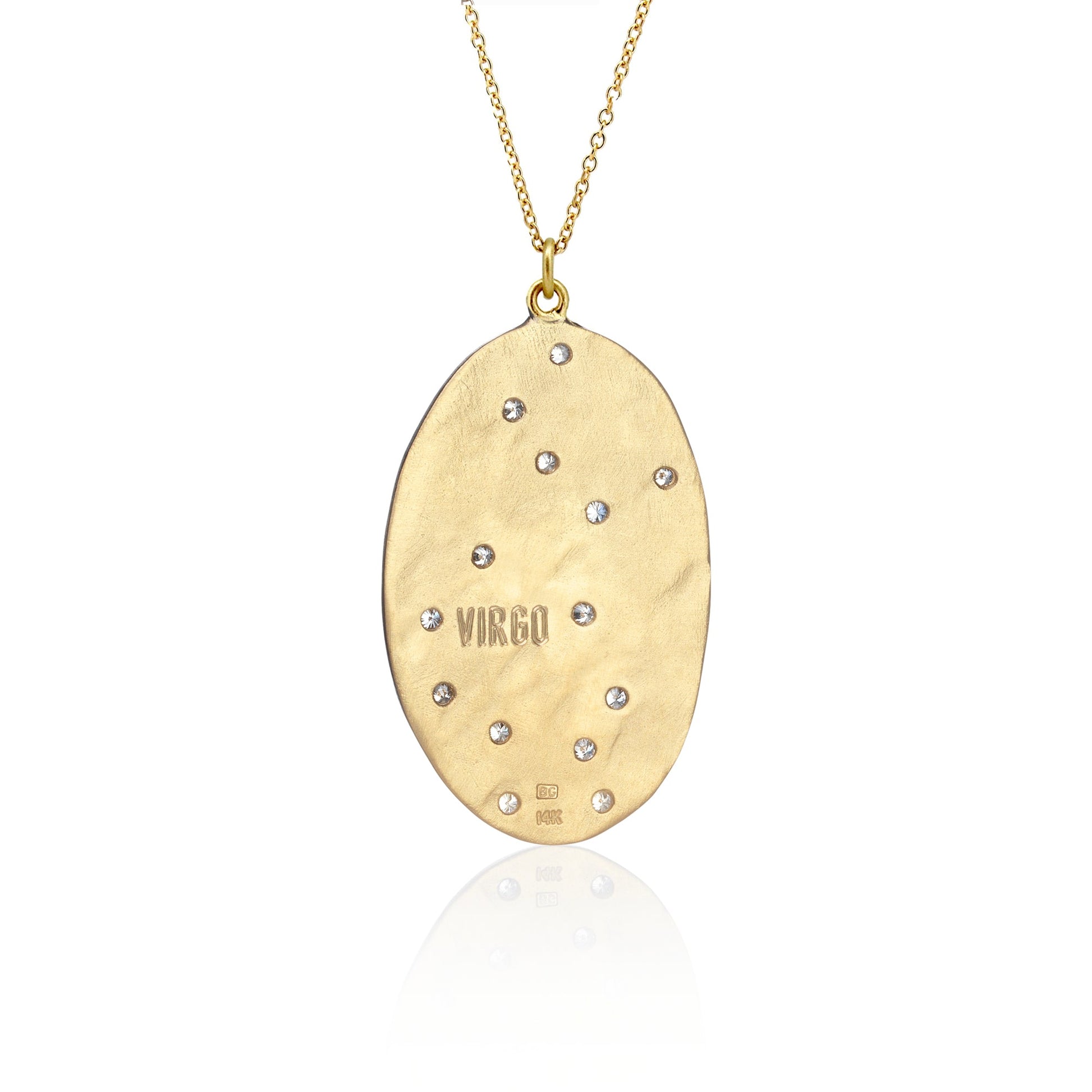 Hand made in Los Angeles Brooke Gregson 14k gold Astrology Zodiac Virgo Diamond Necklace back view