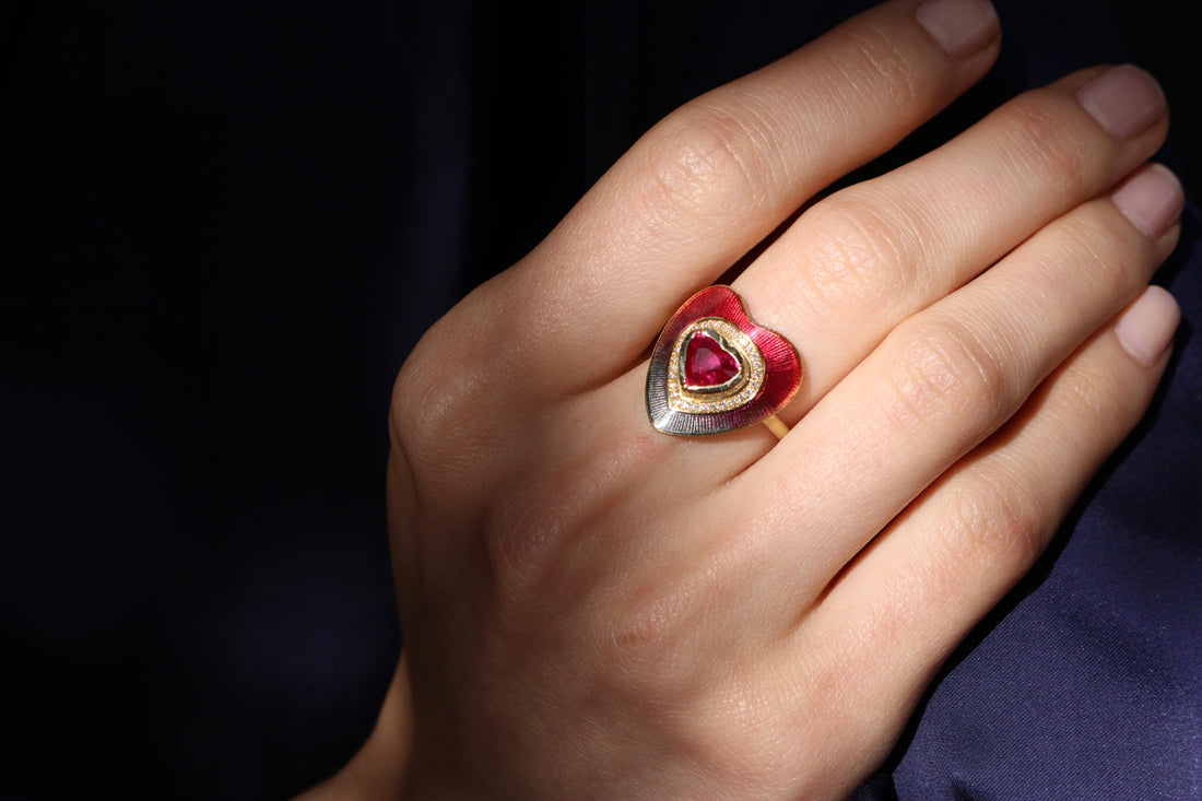 One of a kind enamel ruby heart ring by Los Angeles designer Brooke Gregson handmade in London