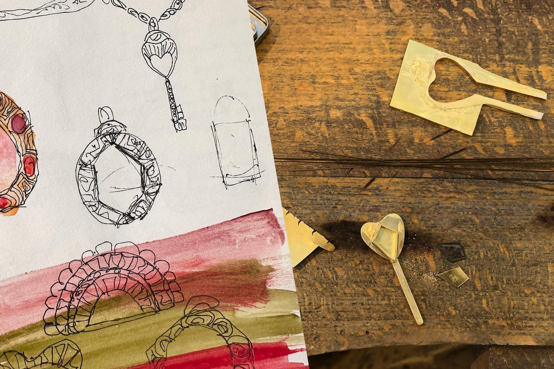 Sketch by Brooke Gregson and fine jewelry making in progress handmade in London