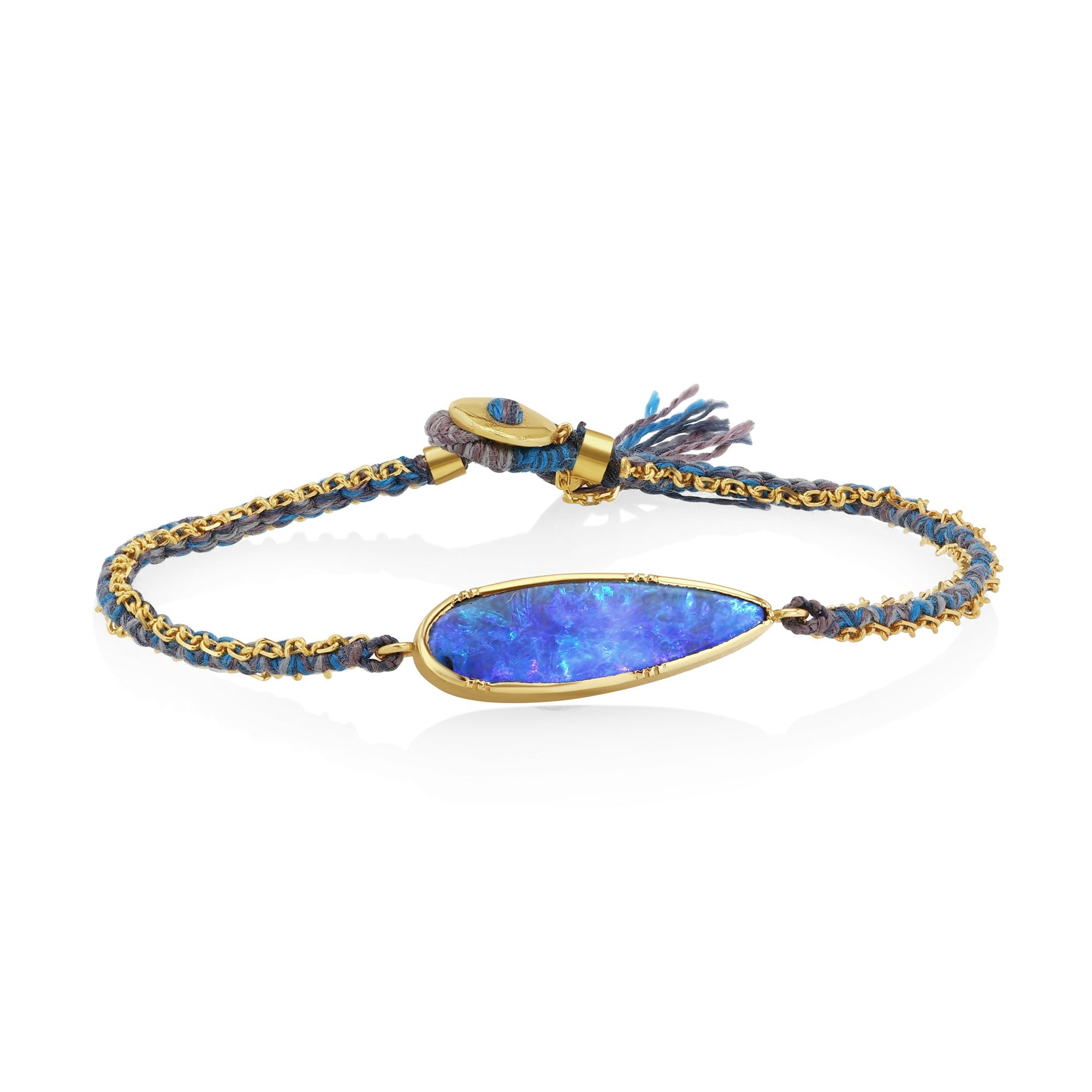 One of a kind silk and 18k gold woven  bracelet with Boulder Opal gemstone from Los Angeles jewelry designer Brooke Gregson