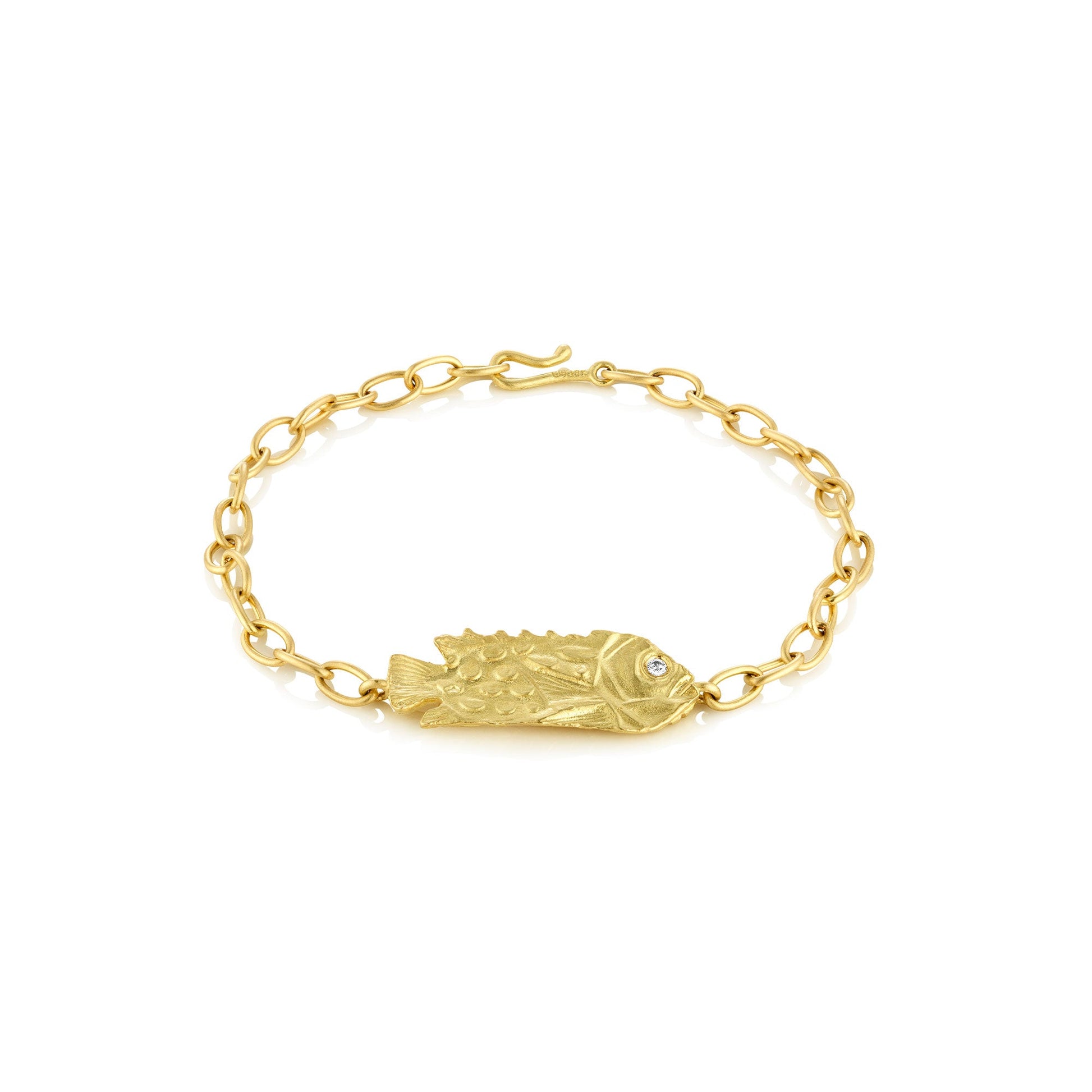 18k gold chain link bracelet with fish and diamond eye accent by Brooke Gregson Jewelry.