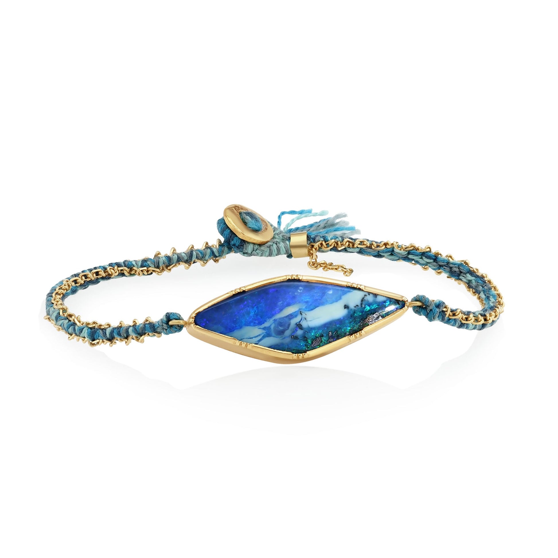 One of a kind hand woven silk and 18k gold bracelet with Boulder Opal gemstone from Los Angeles designer Brooke Gregson.