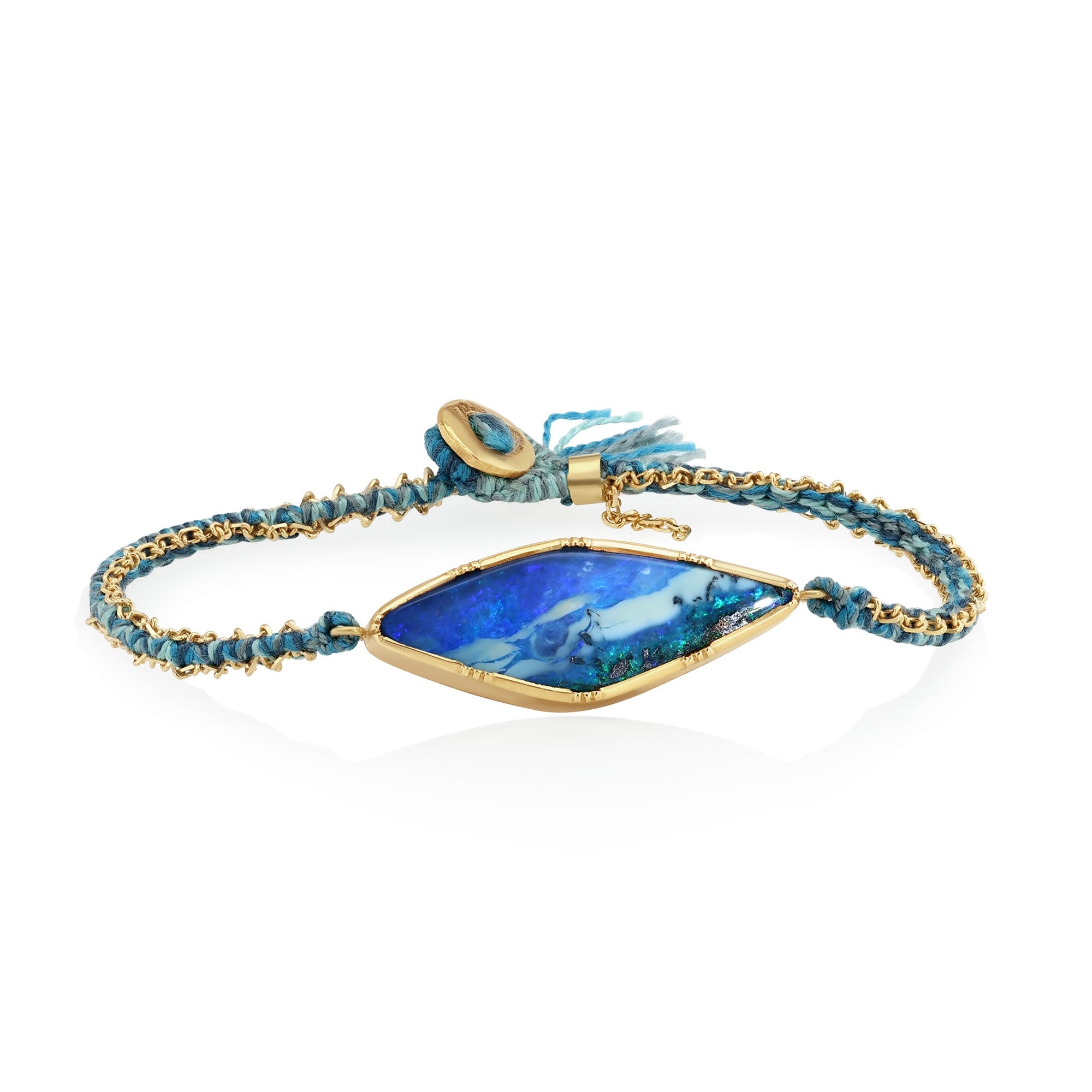 One of a kind hand woven silk and 18k gold bracelet with Boulder Opal gemstone from Los Angeles designer Brooke Gregson.