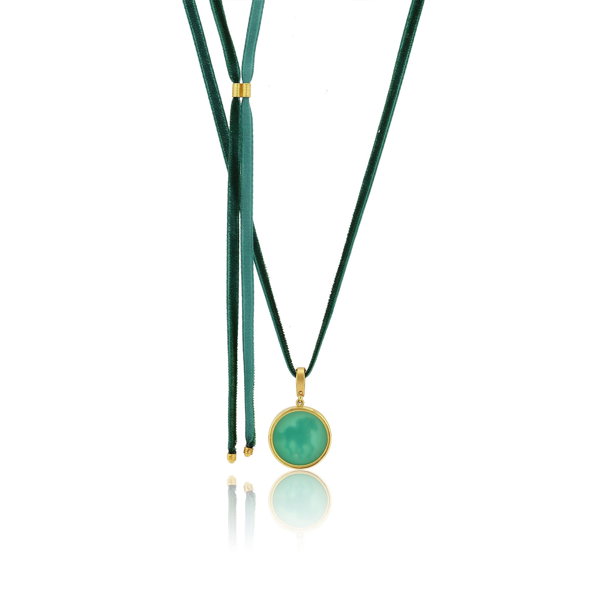 The back of a Velvet Necklace with a charm featuring an agate horse design on a white background
