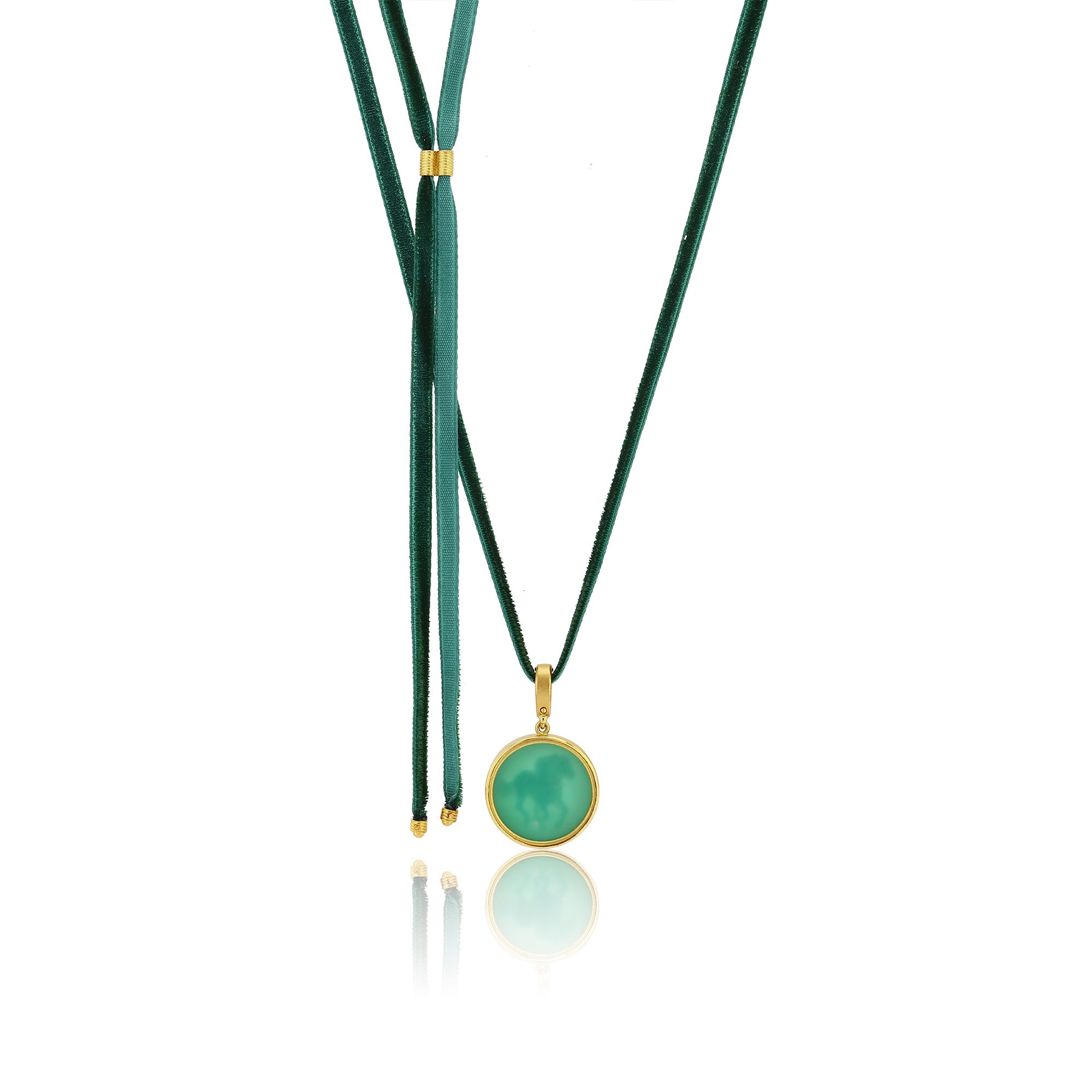 The back of a Velvet Necklace with a charm featuring an agate horse design on a white background