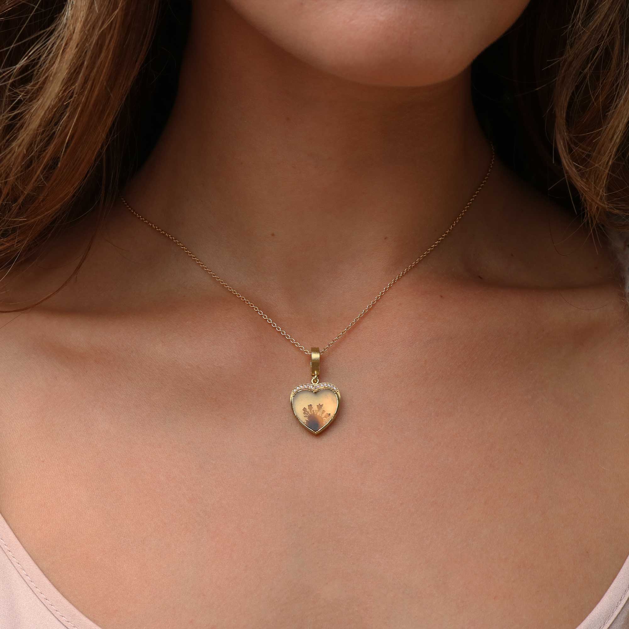 Radiant Dendritic Agate Pink Sapphire Heart Charm