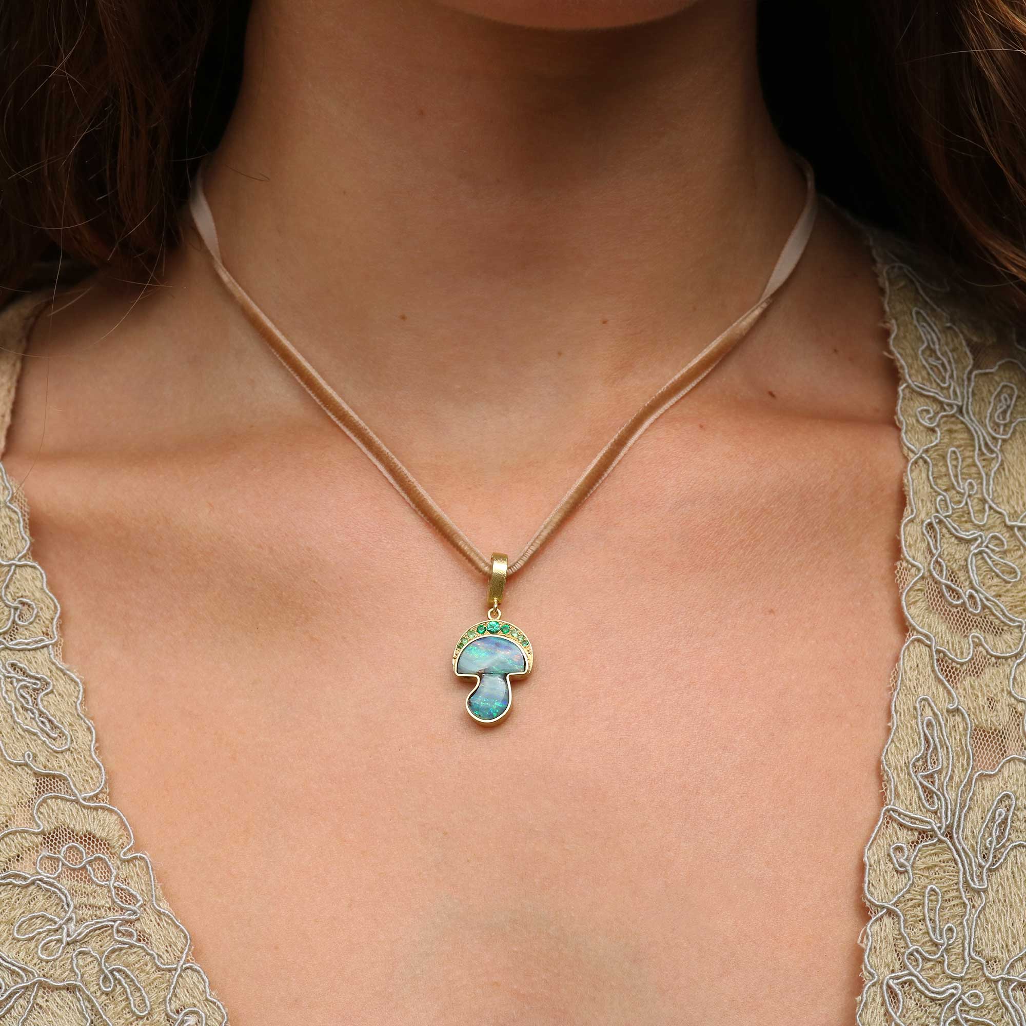 Boulder Opal Wisdom Emerald Tsavorite Mushroom Charm
