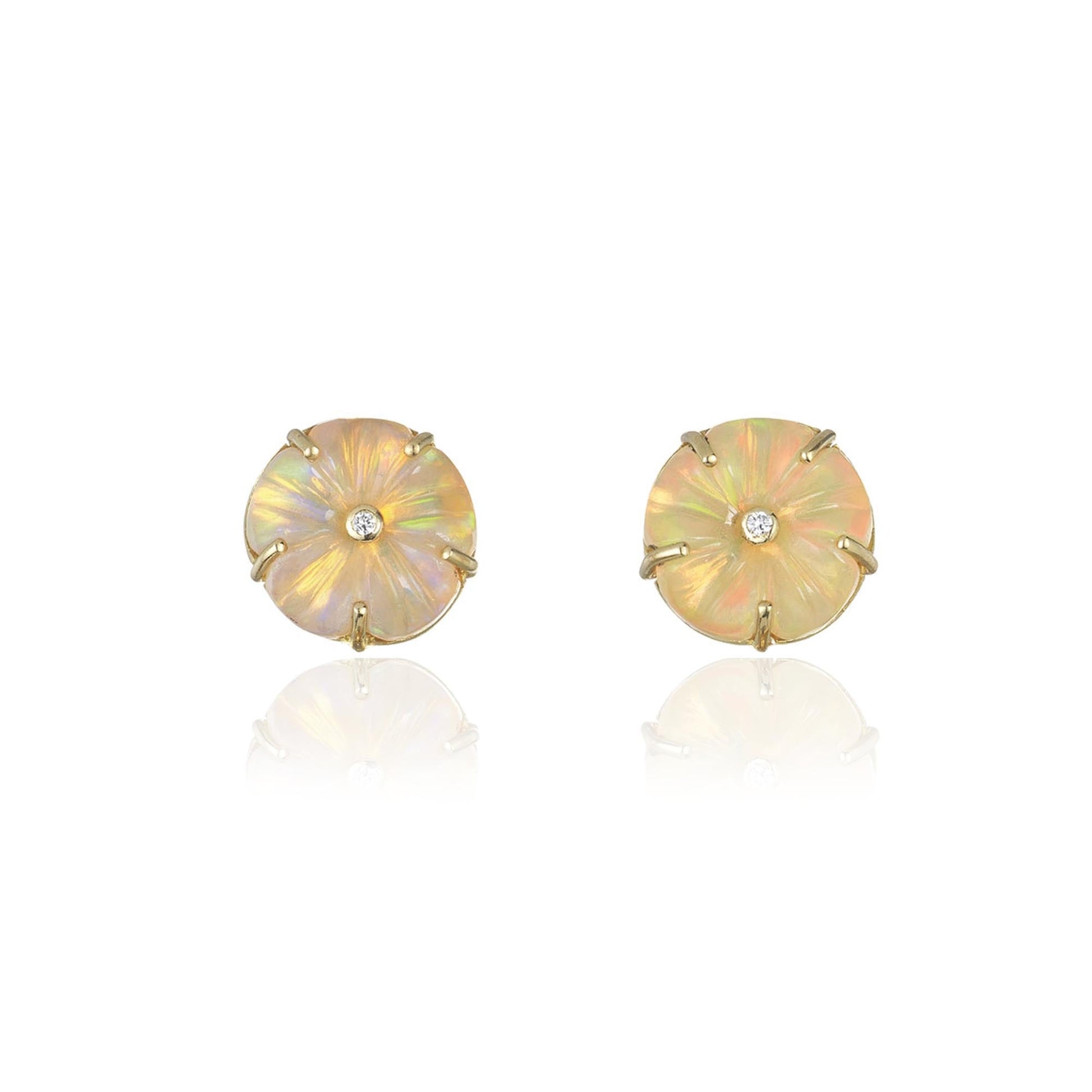 Hand carved 18k gold fine jewelry Opal flower blossom earrings with claw setting and diamond centre. Fine jewelry hand made in London from Los Angeles designer Brooke Gregson.