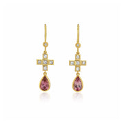 18 carat gold earrings with pink tourmalines and white diamonds on a white background