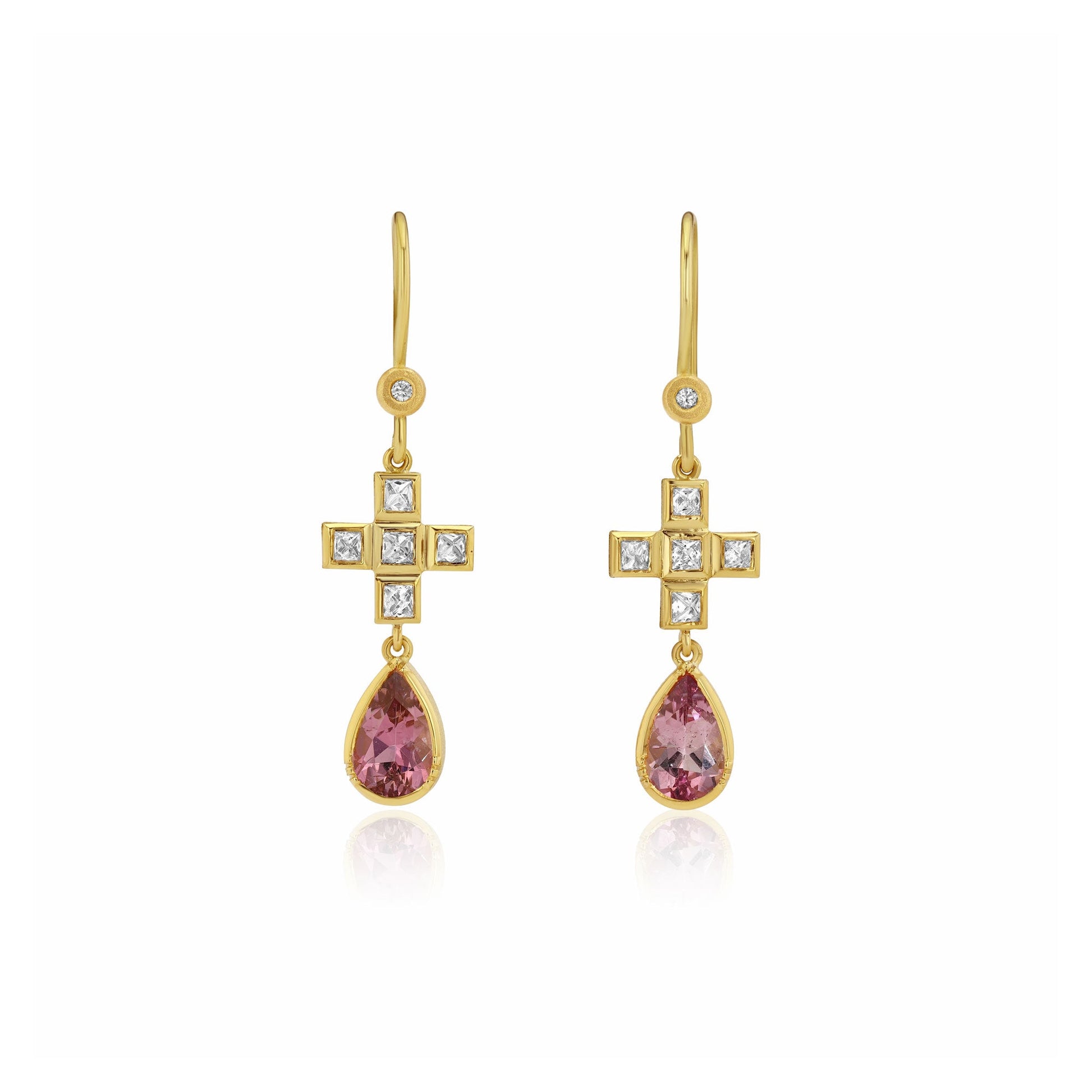 18 carat gold earrings with pink tourmalines and white diamonds on a white background