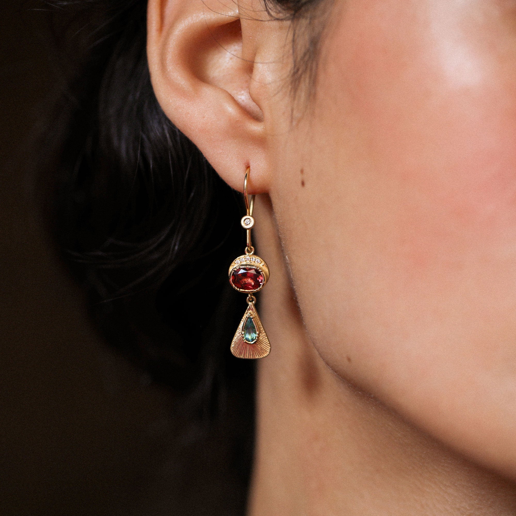 Ellipse Engraved Teardrop Tourmaline Diamond Halo Earrings