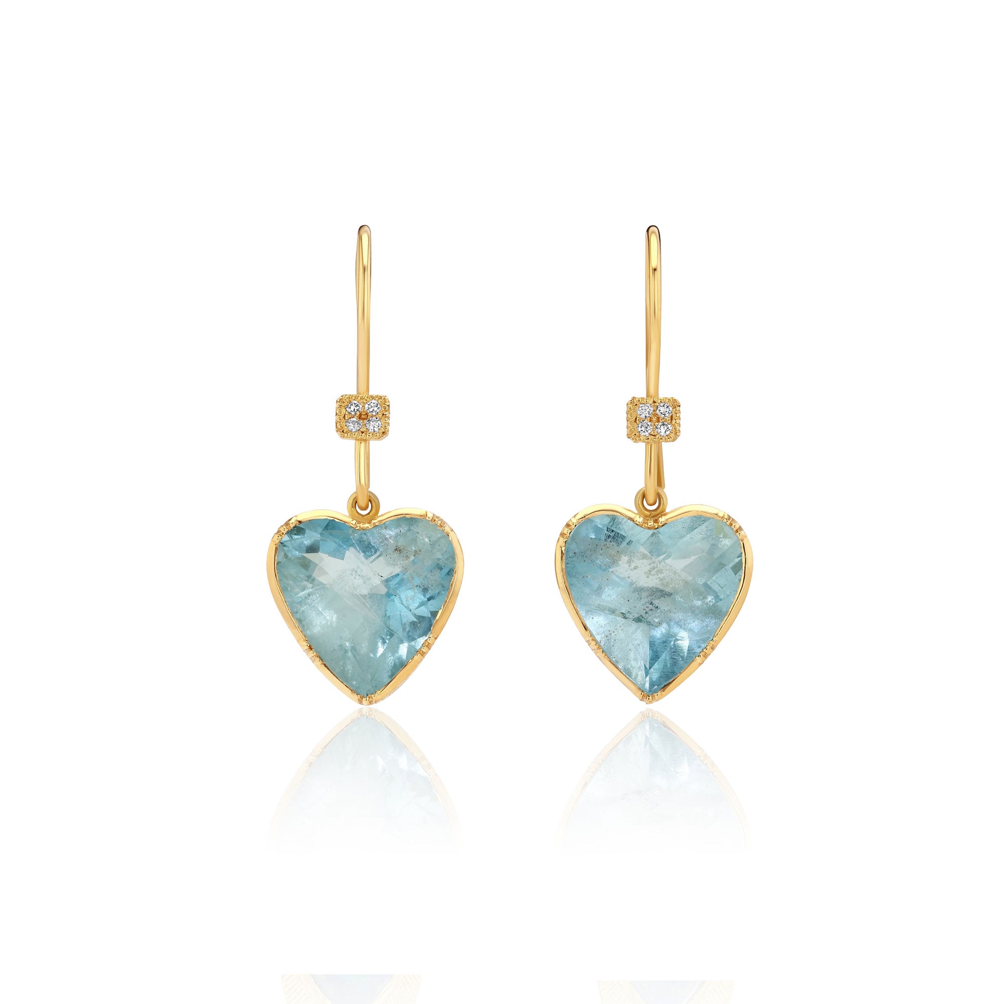 One of a kind Aquamarine heart earrings with diamond pave ear loop from fine jewelry designer Brooke Gregson handmade in London