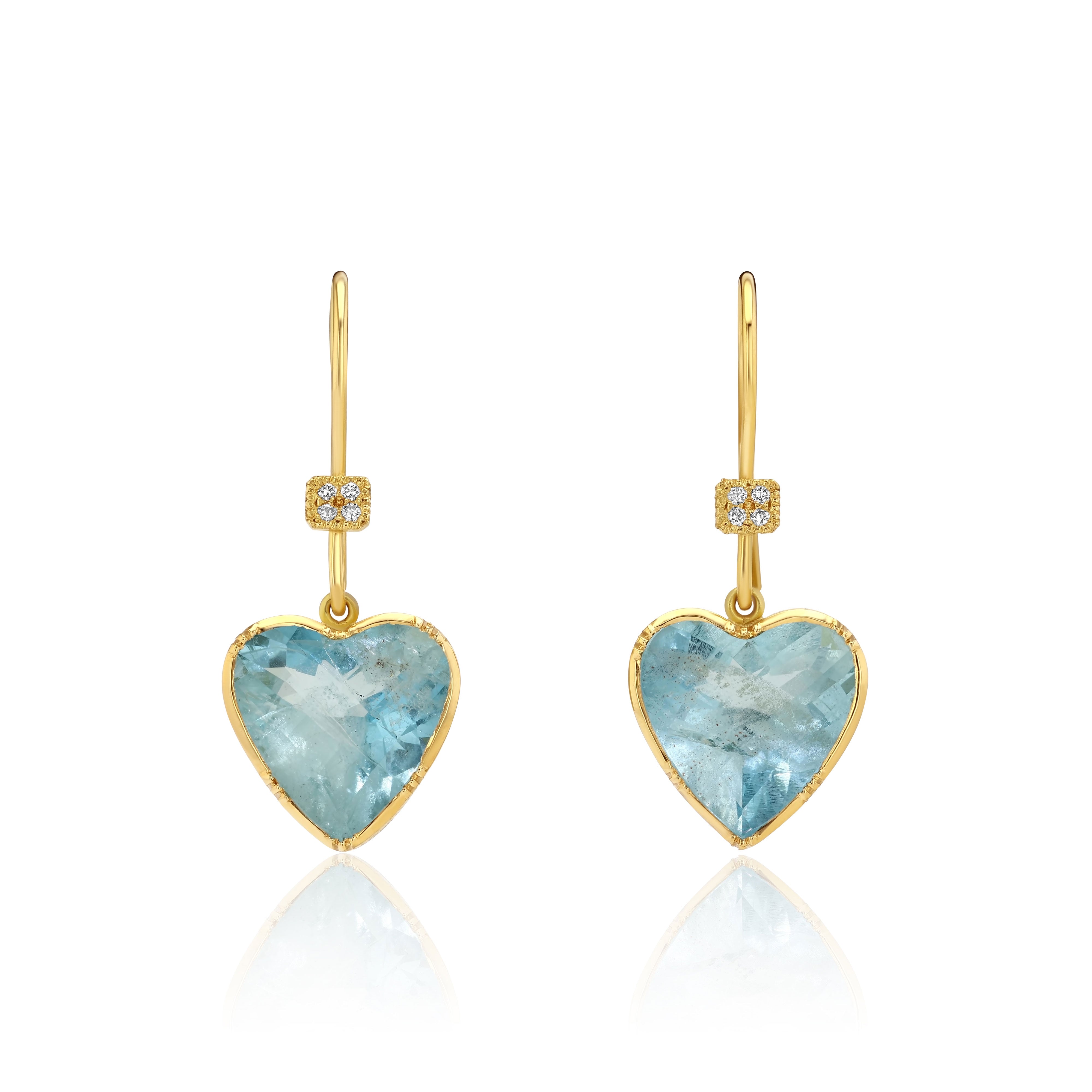 One of a kind Aquamarine heart earrings with diamond pave ear loop from fine jewelry designer Brooke Gregson handmade in London