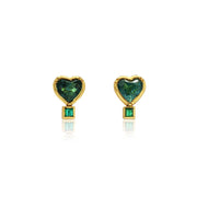 Gold heart shaped emerald and paraiba tourmaline stud earrings on a white background