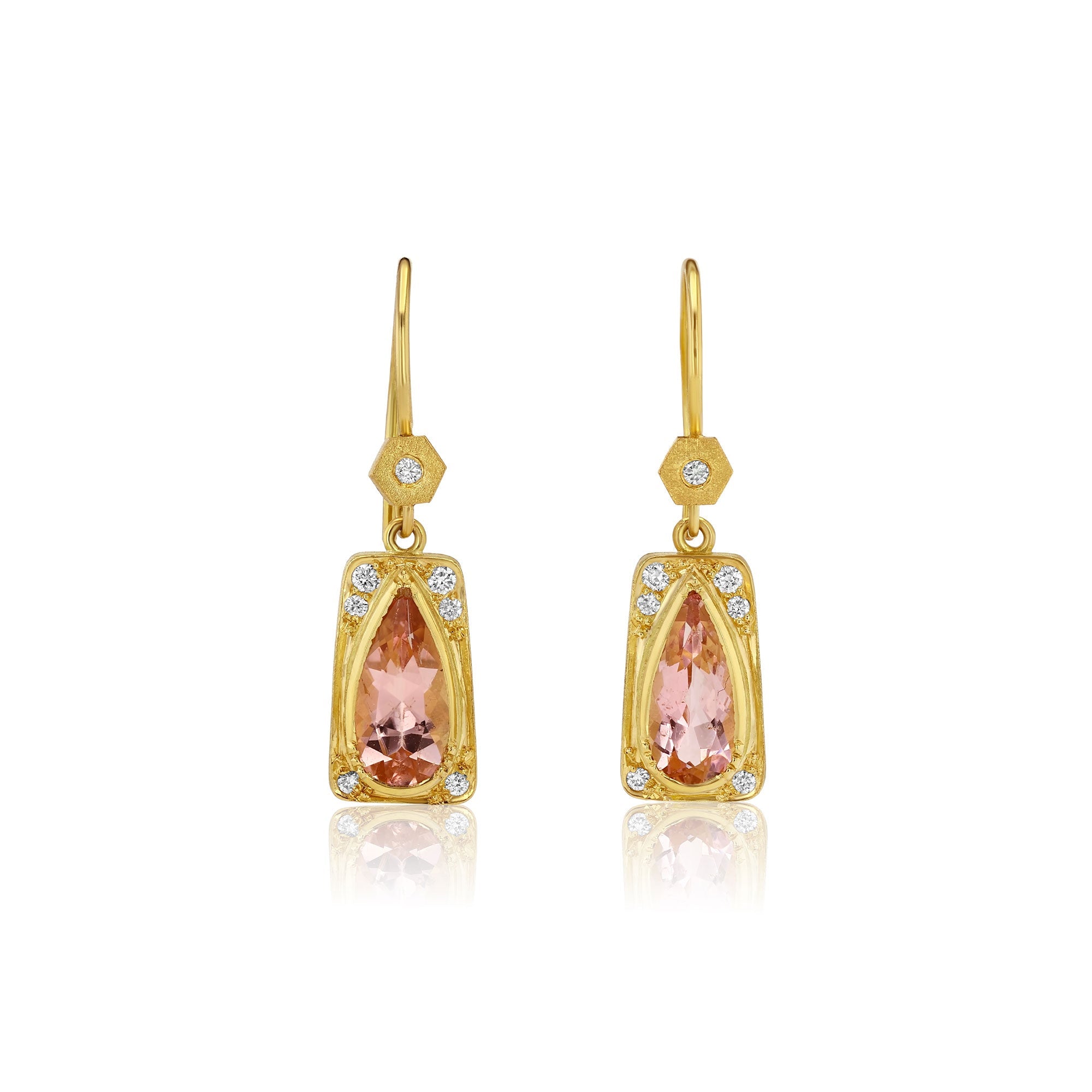 18k gold earrings with pink tourmaline gemstones and diamond accents on a white background
