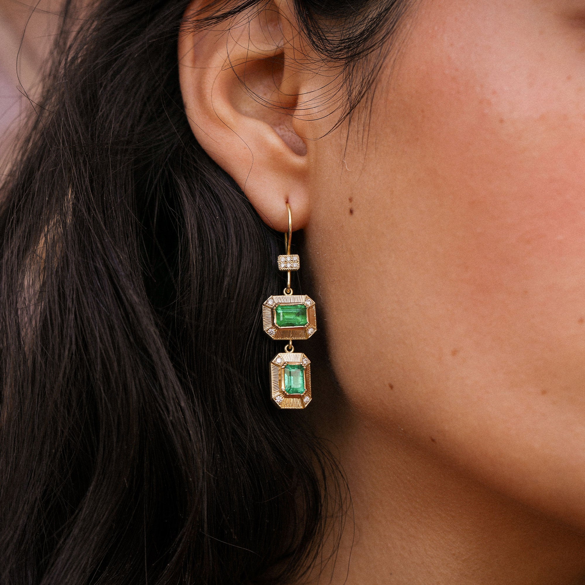 Engraved Emerald Shield Earrings