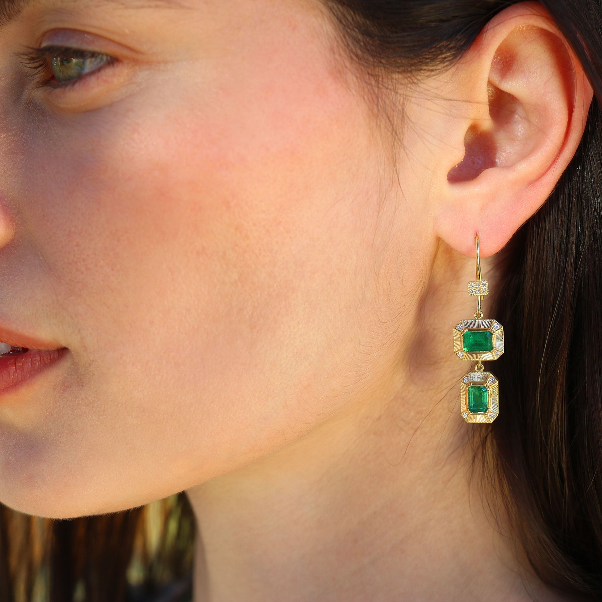 Engraved Emerald Shield Earrings