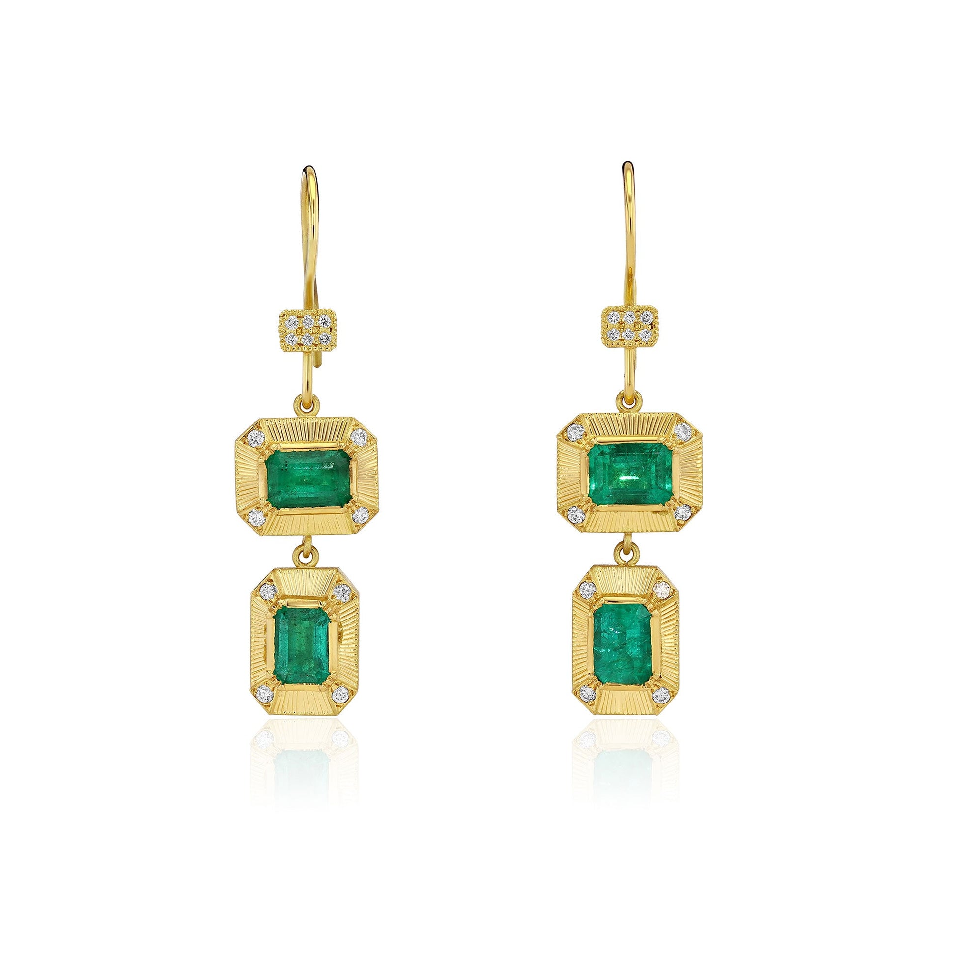 one of a kind 18k gold Zambian Emerald drop earrings with hand engraving and white Diamond pave sparkle.