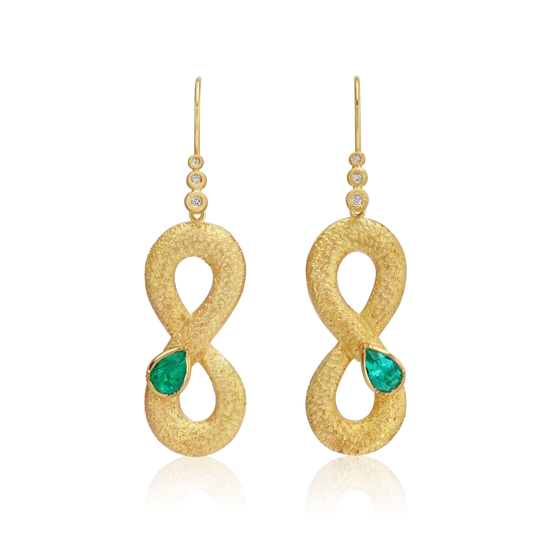 One of a kind 18k gold Emerald snake earrings with Diamond ear loop from Los Angeles designer Brooke Gregson fine jewelry handmade in London