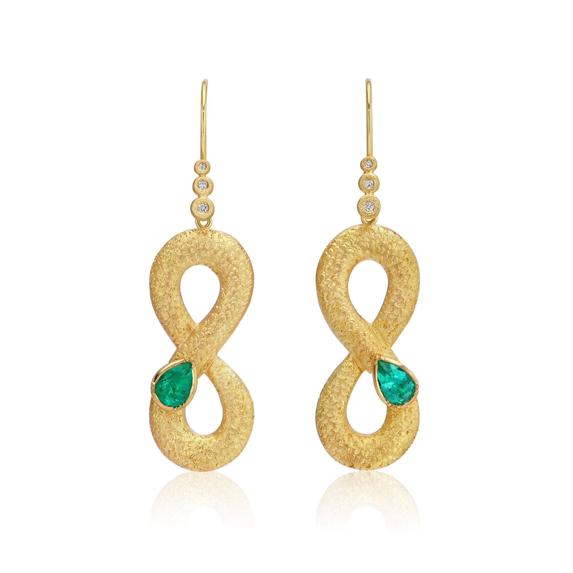 One of a kind 18k gold Emerald snake earrings with Diamond ear loop from Los Angeles designer Brooke Gregson fine jewelry handmade in London