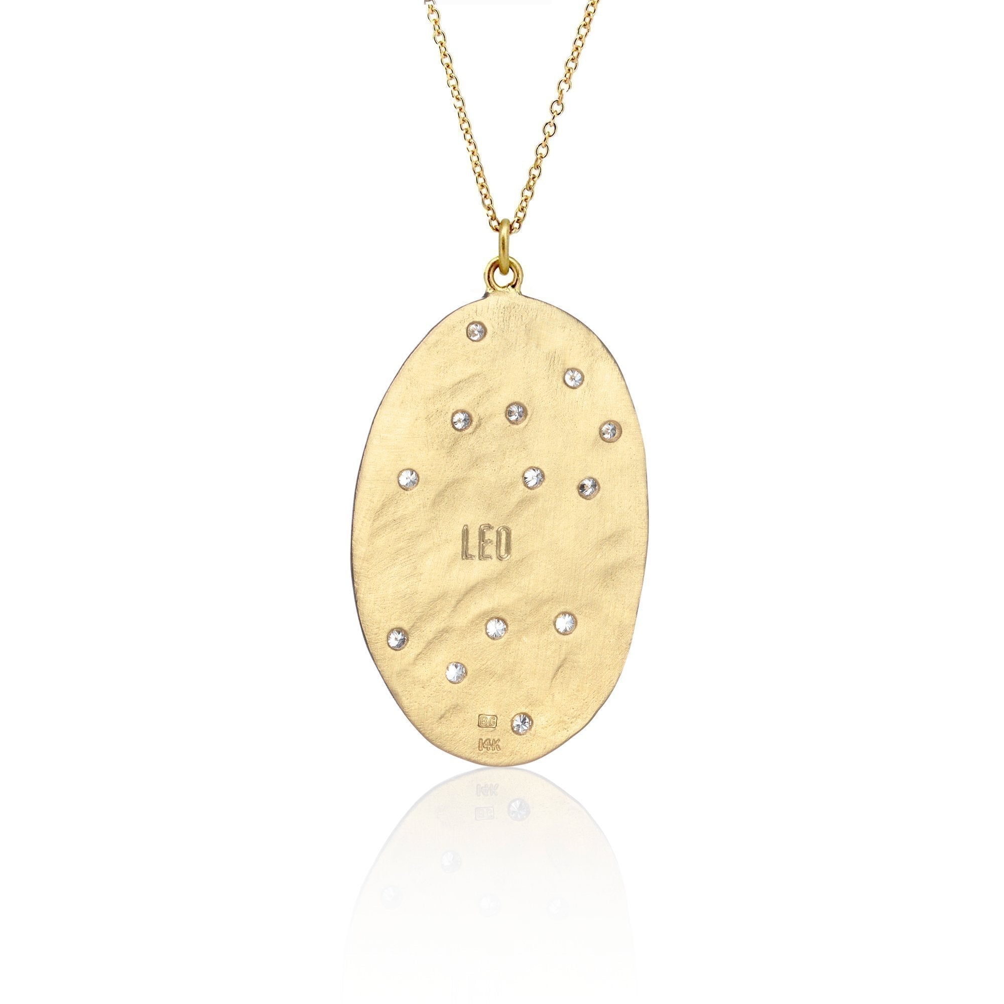Hand made in Los Angeles Brooke Gregson 14k gold Zodiac Astrology Leo Diamond Necklace back view