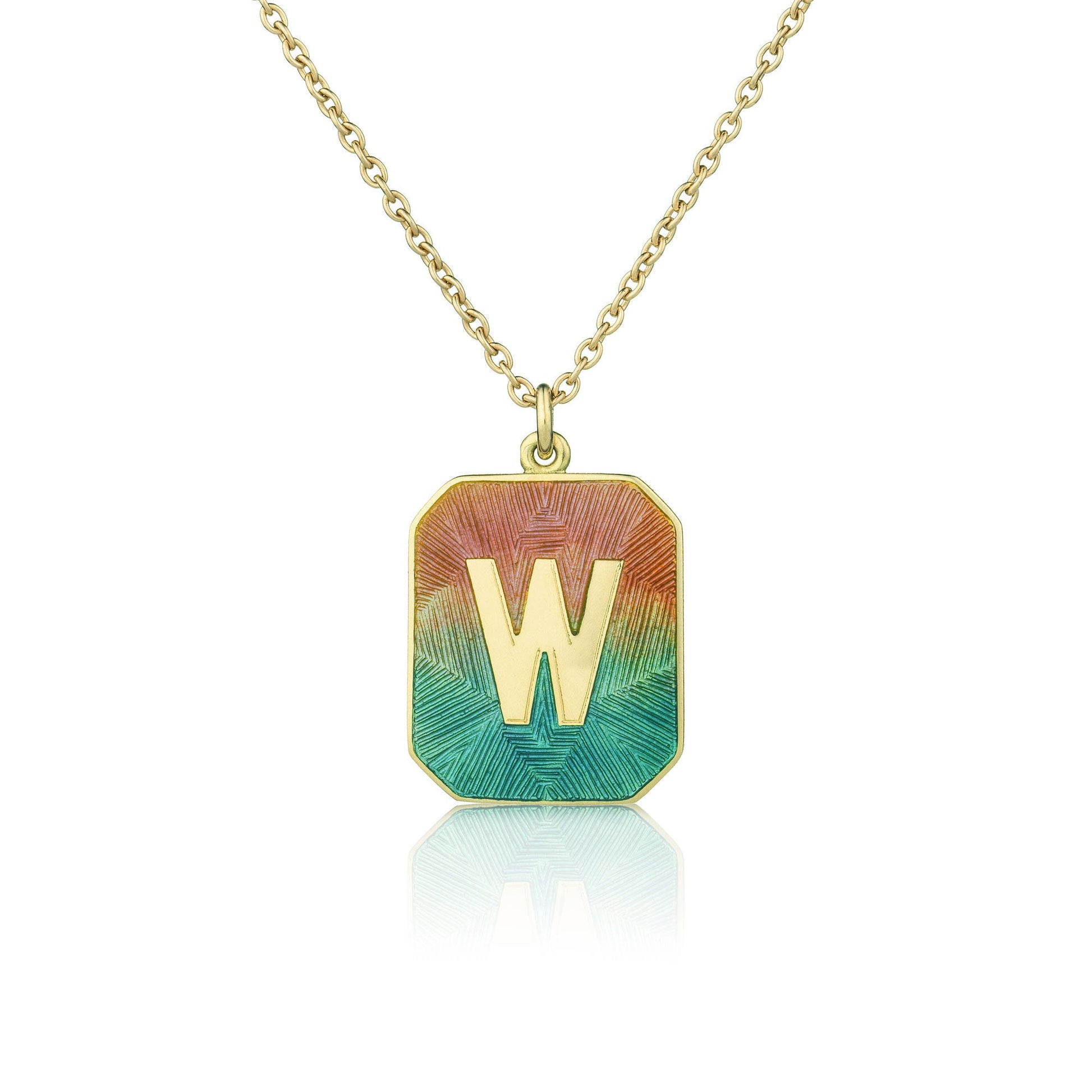 Necklace with a pendant featuring the letter 'W' on a gradient background