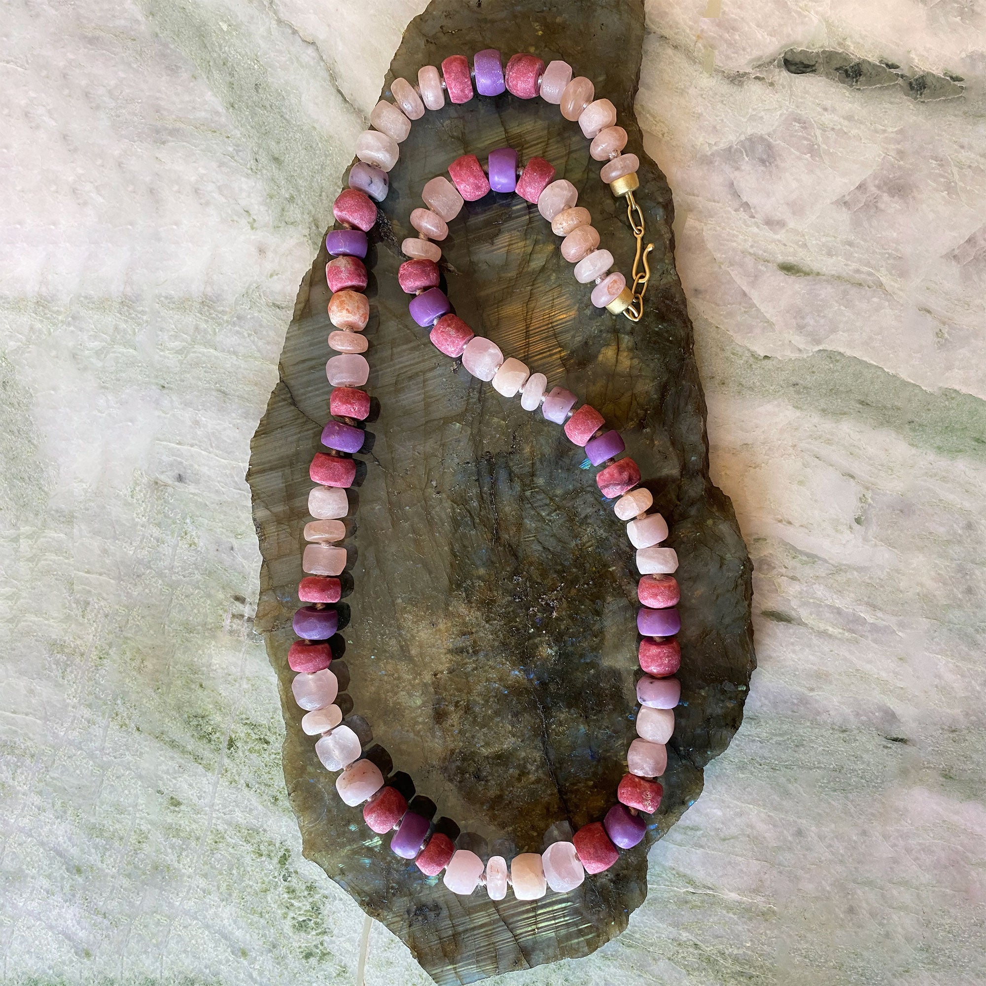 Hand honed beaded gemstone necklace  in pink, purple and red from Los Angeles jewelry designer Brooke Gregson.