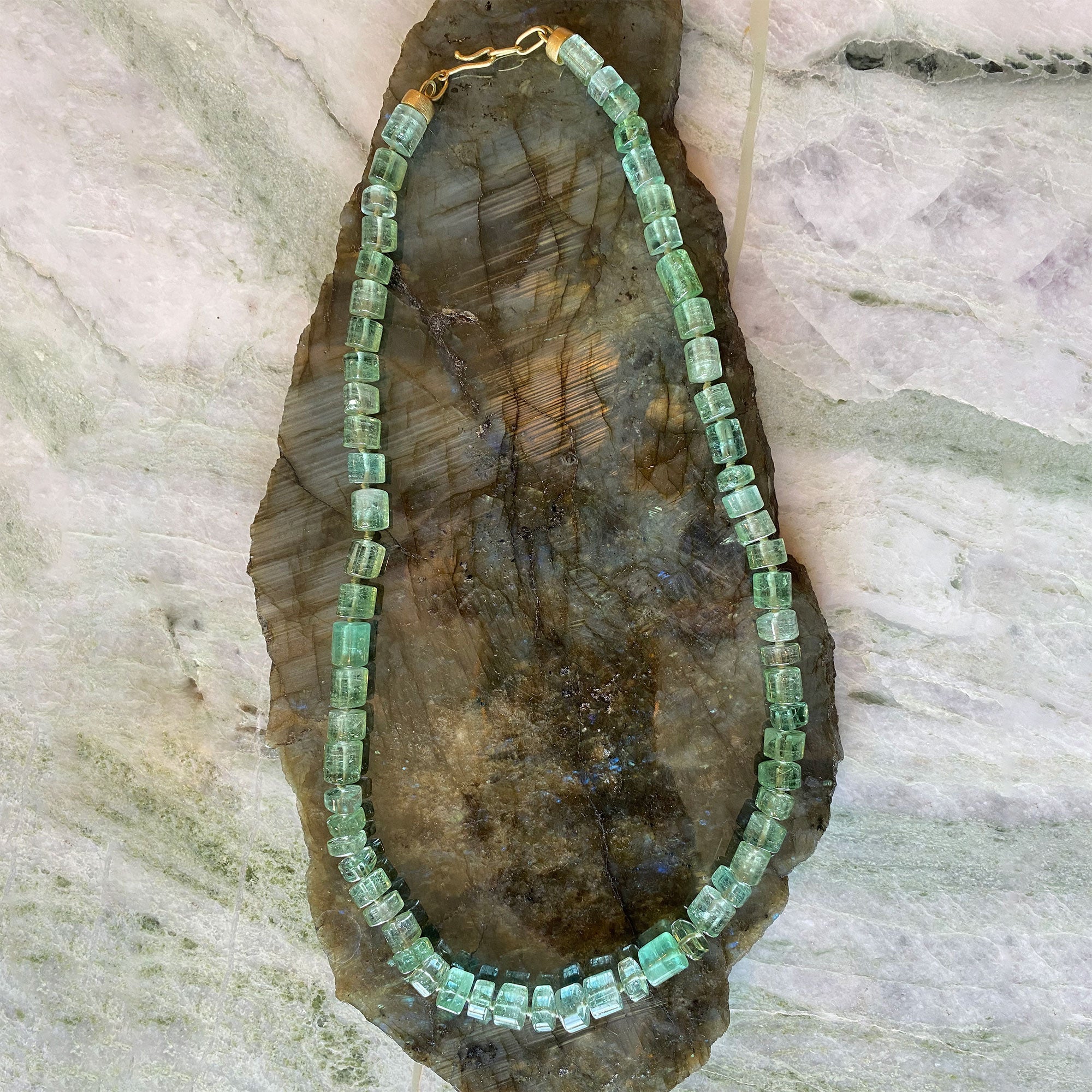 Gem quality mint tourmaline bead necklace with 18k gold clasp from Los Angeles jewelry designer Brooke Gregson.