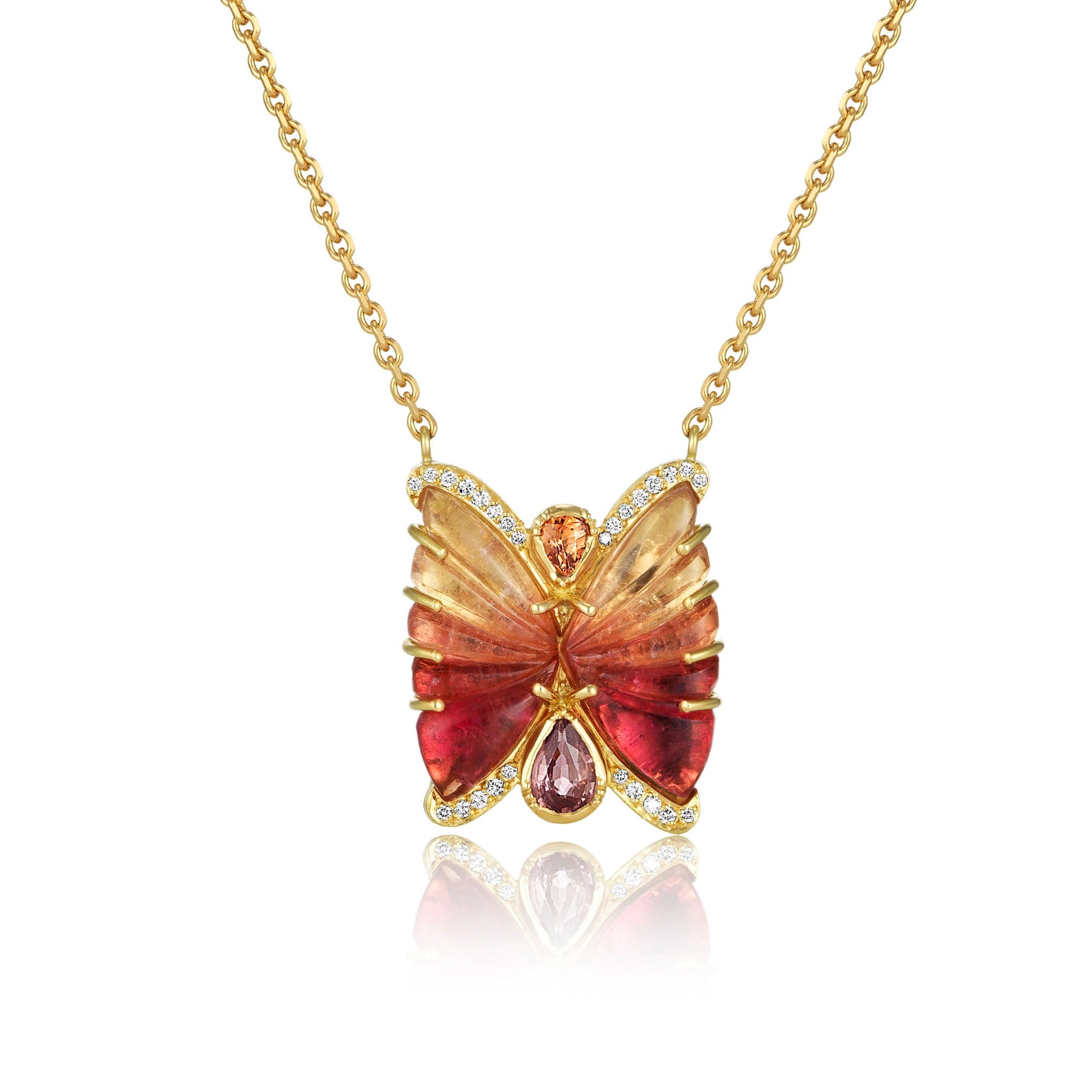 18k gold one of a kind hand carved bi colour Tourmaline Butterfly necklace with White Diamond pave and Pink Sapphire. Fine jewellery hand made in London. 