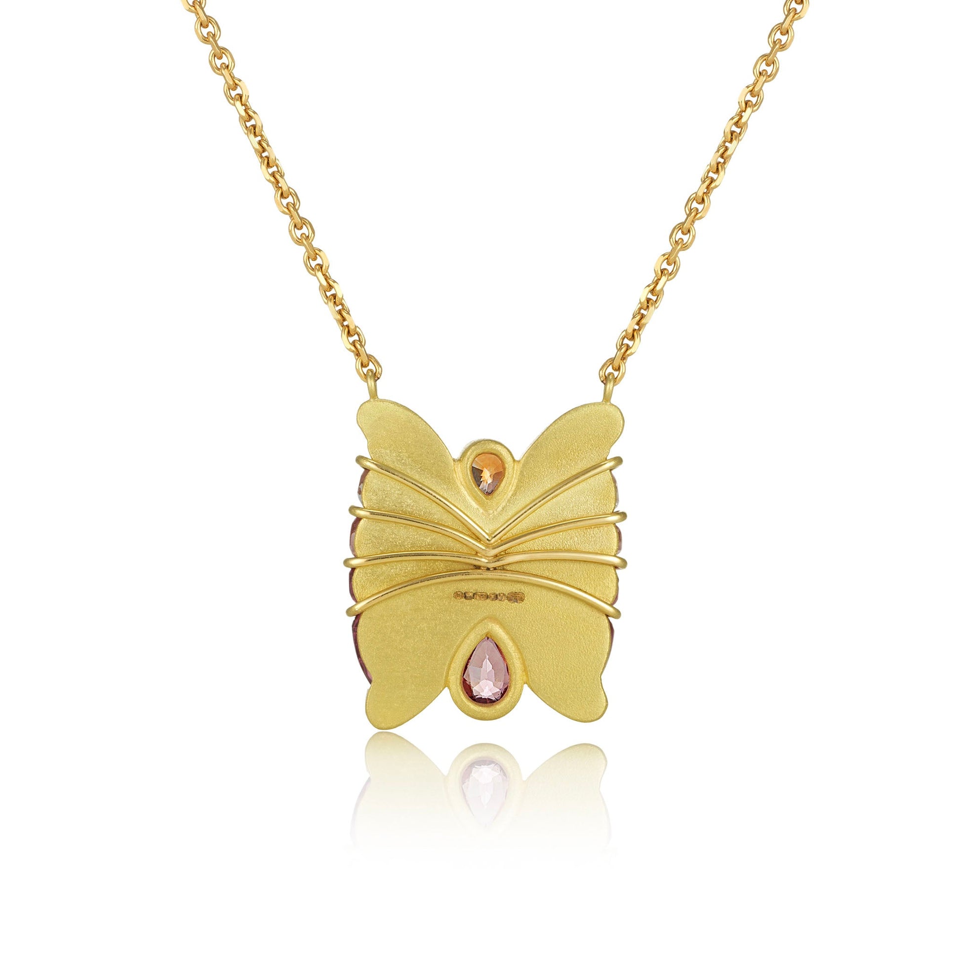 Back view of 18k gold one of a kind hand carved bi colour Tourmaline Butterfly necklace with White Diamond pave and Pink Sapphire. Fine jewellery hand made in London. 