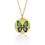 Handmade Enamel 18k gold green and blue butterfly enamel necklace with hand engraving Fine jewelry hand made in London. 
