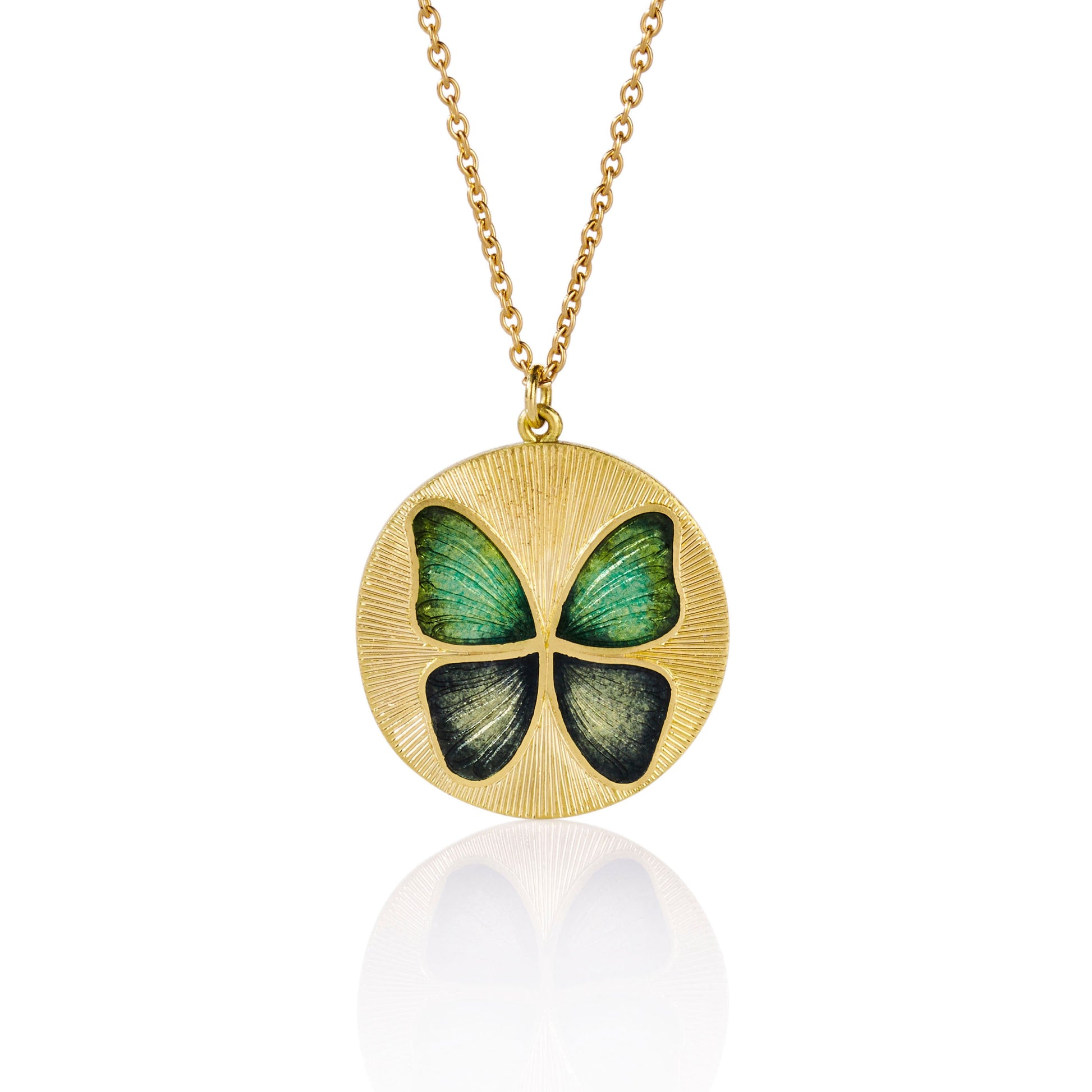 Handmade Enamel 18k gold green and blue butterfly enamel necklace with hand engraving Fine jewelry hand made in London. 