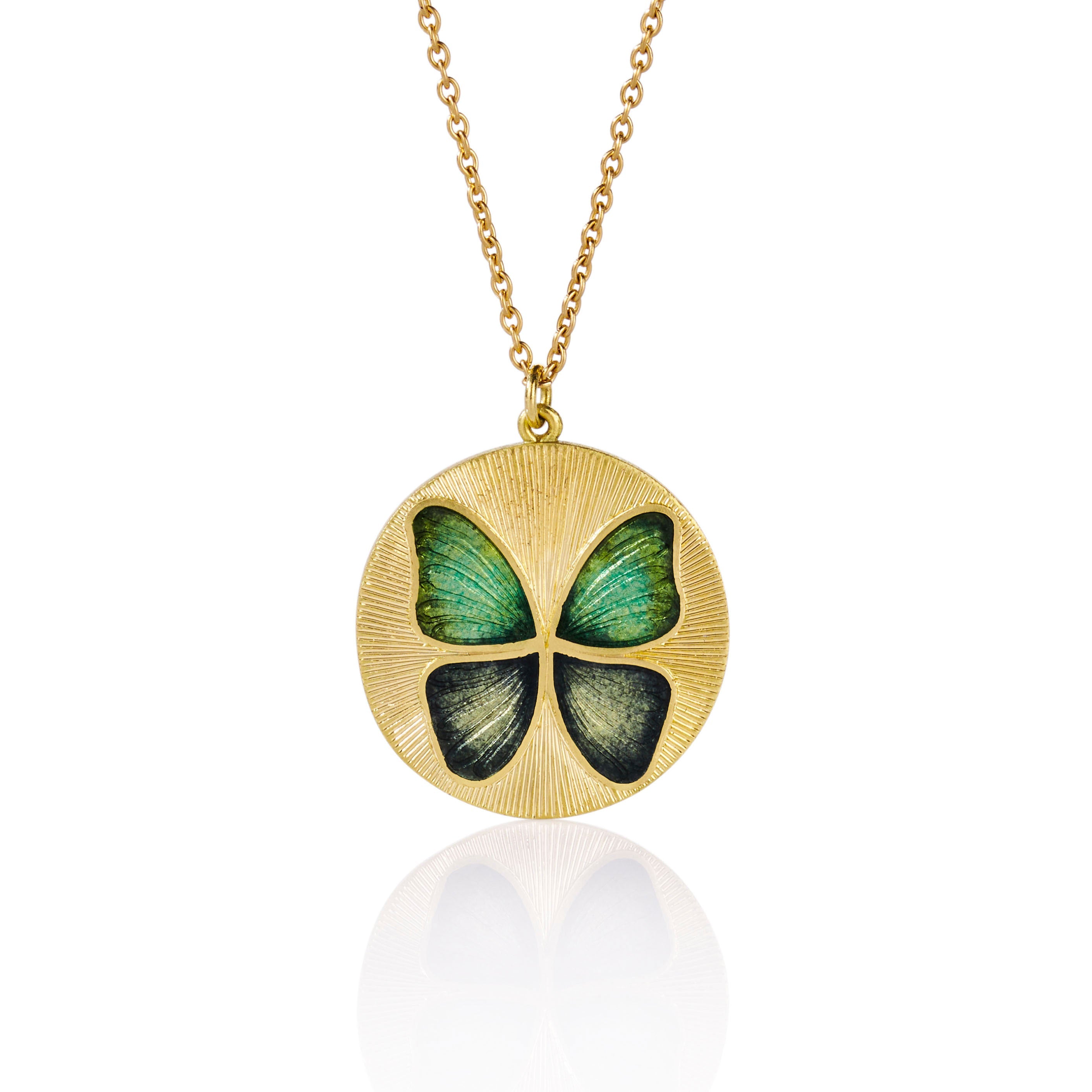 Handmade Enamel 18k gold green and blue butterfly enamel necklace with hand engraving Fine jewelry hand made in London. 