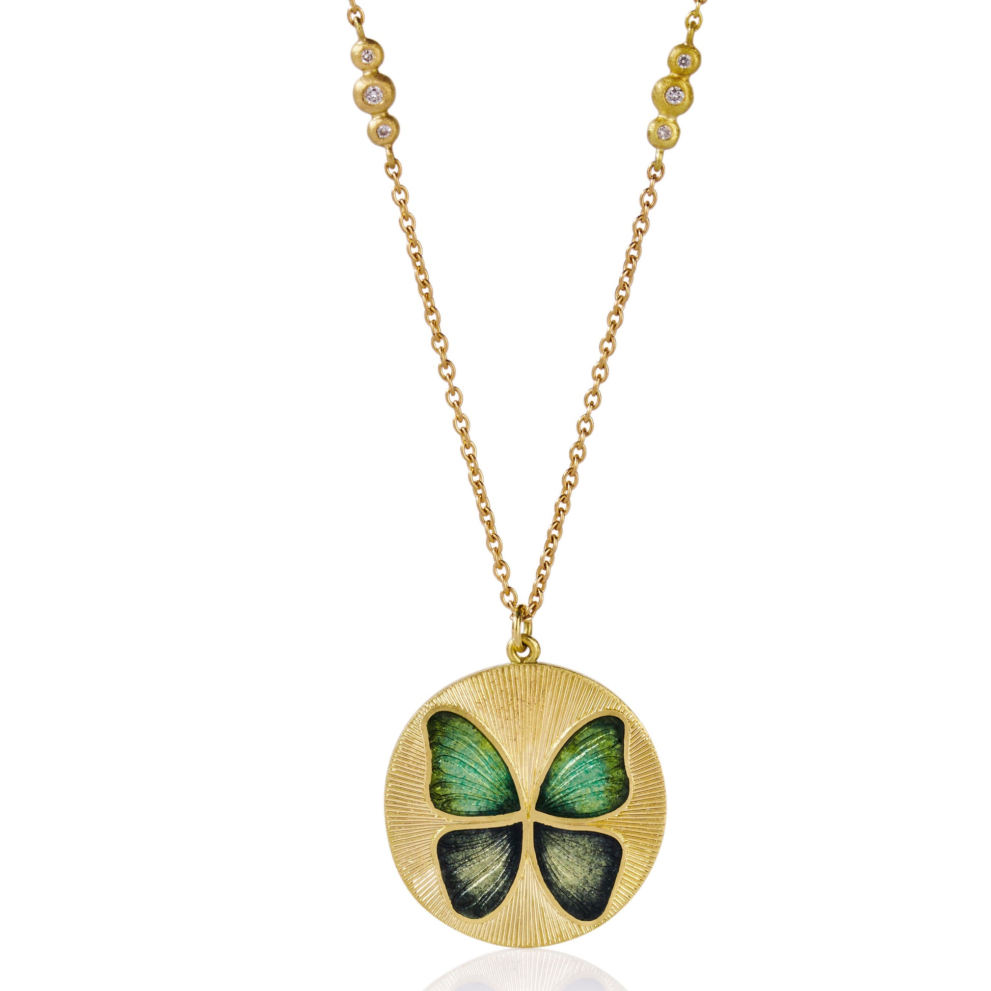Handmade Enamel 18k gold green and blue butterfly enamel necklace with hand engraving Fine jewelry hand made in London. 