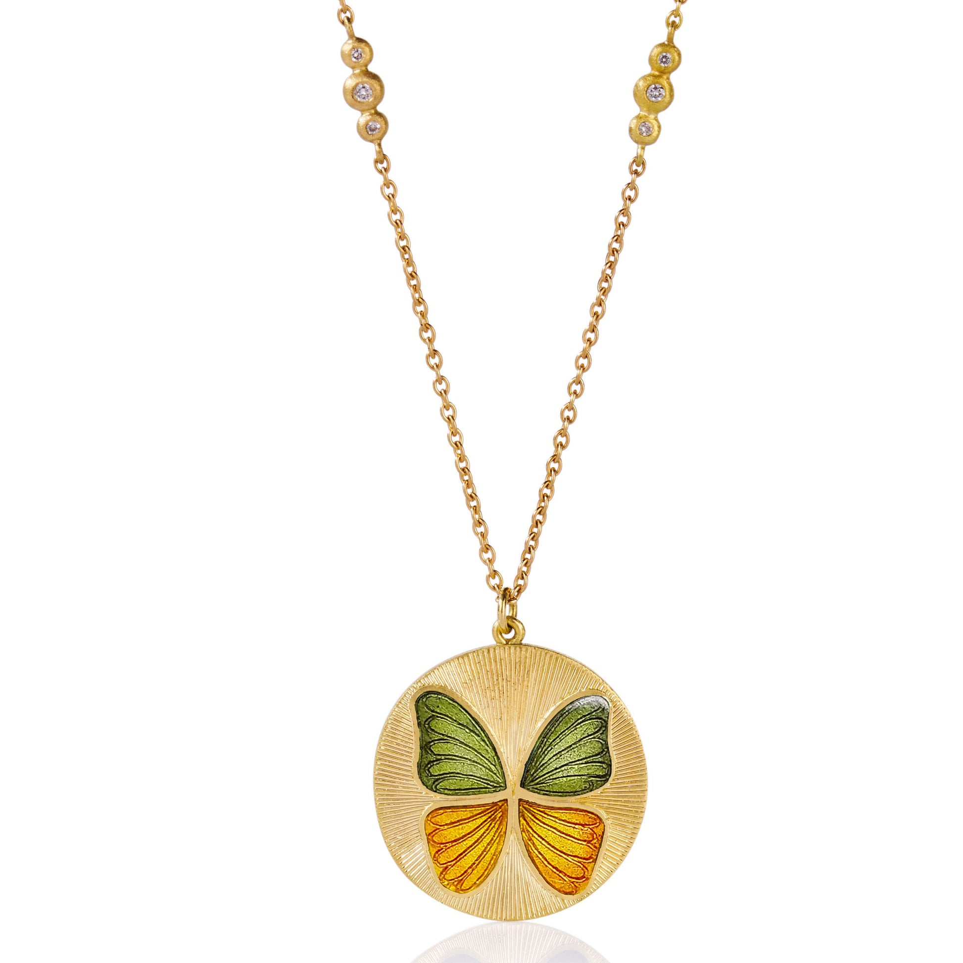 Hand made 18k gold hand engraved Enamel butterfly necklace in orange and green enamel ombre. Fine jewelry hand made in London.